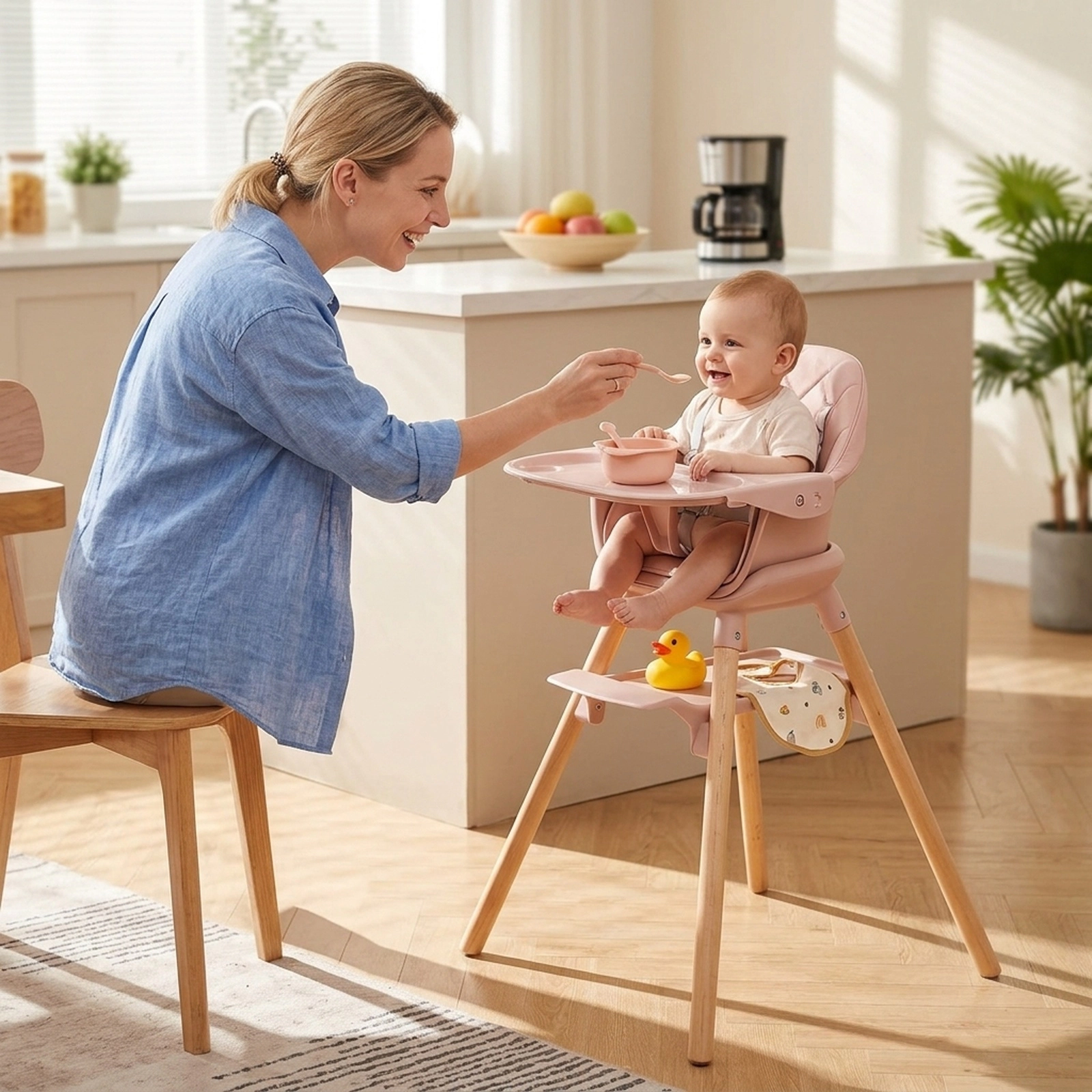 6-in-1 Convertible Baby High Chair with Dishwasher-Safe Double Tray and 5-Point Harness for Babies and Toddlers in Pink