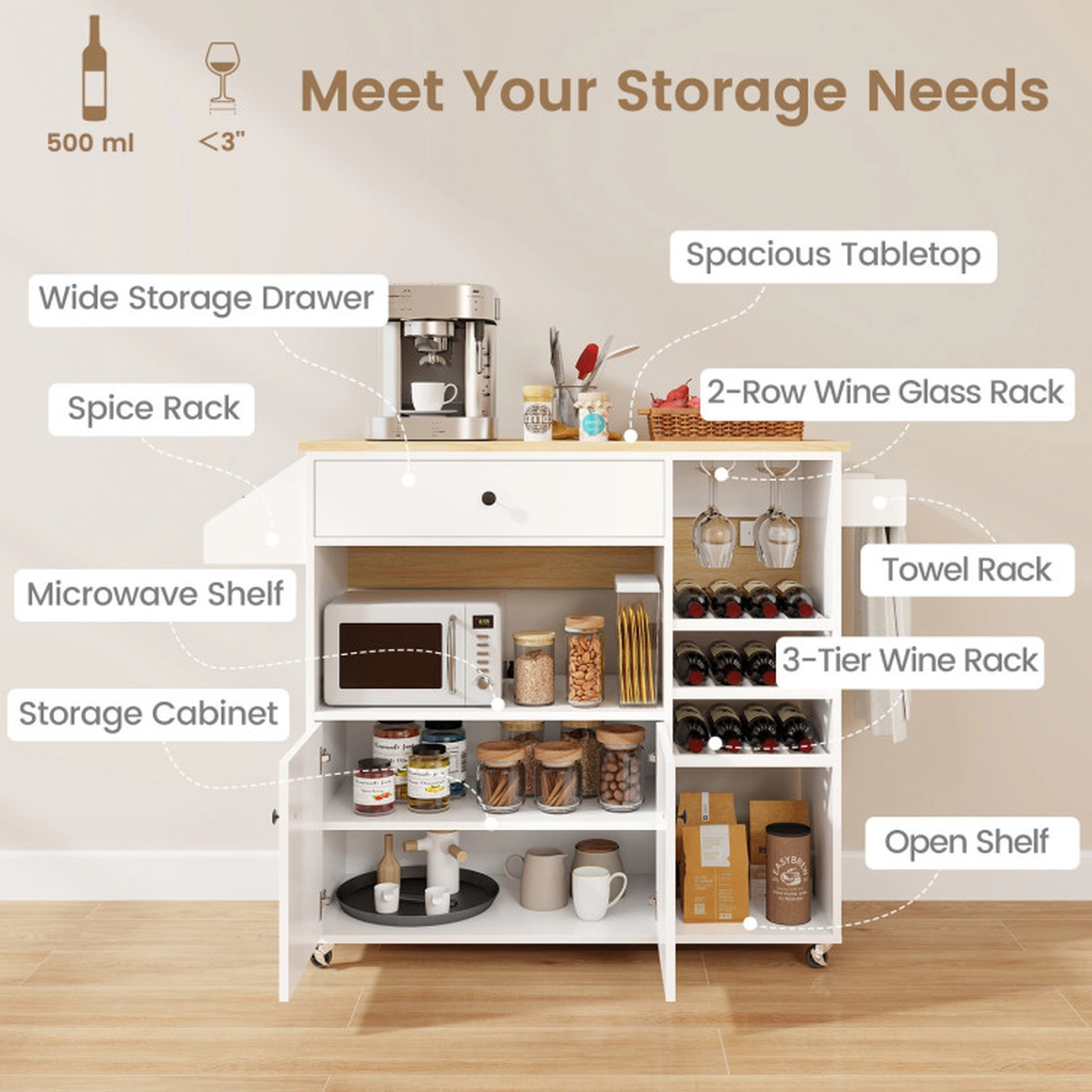 SUGIFT Drop Leaf Mobile Kitchen Island White with Power Outlet and Adjustable Shelf