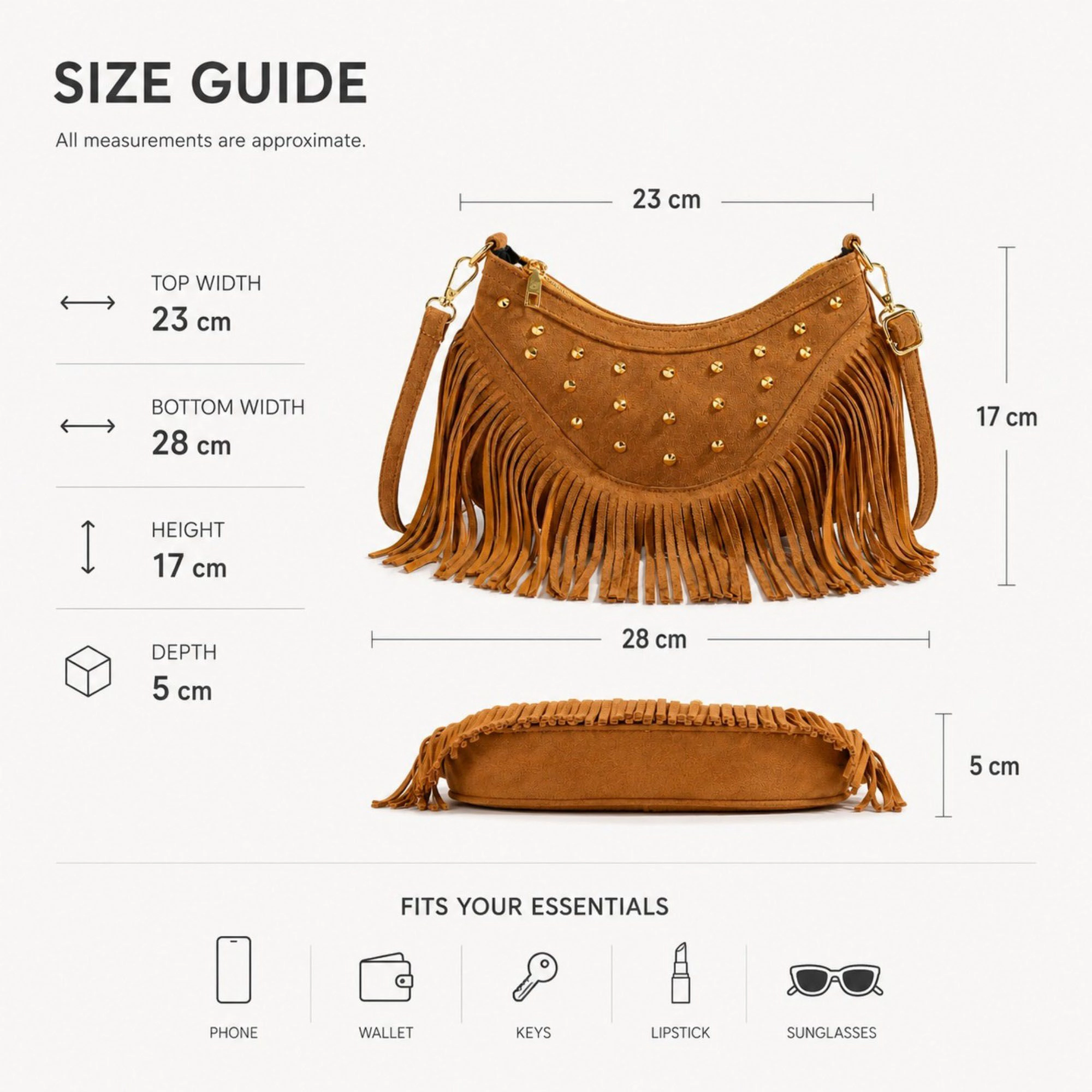 Alilang Women's Studded Fringe Crossbody Bag Suede Look Crescent Shoulder Purse with Adjustable Strap