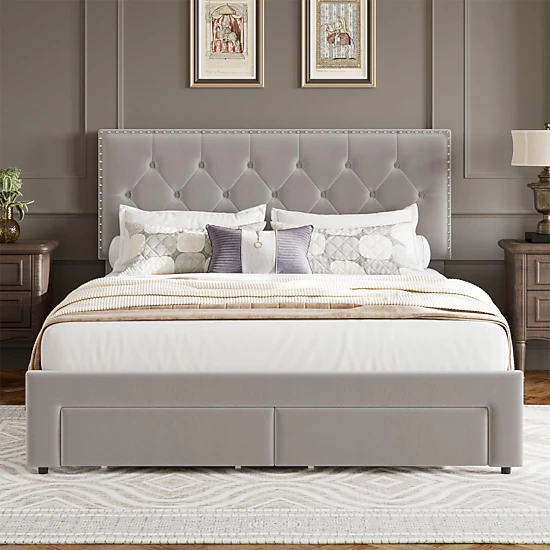 BebreezChic Upholstered Platform Bed Frame Velvet Storage Bed with ...