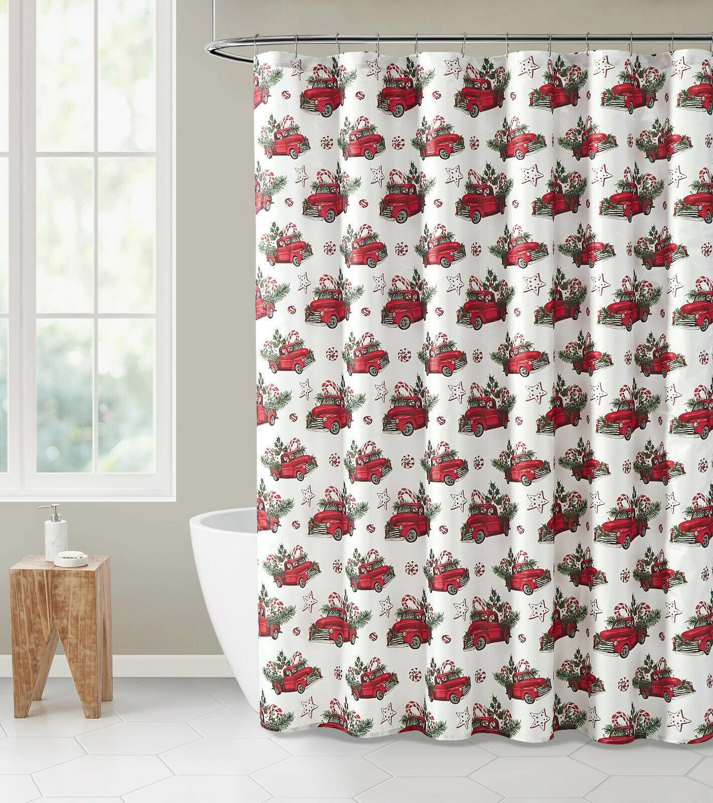 Kate Aurora Holiday Living Red Trucks Evergreens And Candy Canes Sparkly Christmas Fabric Shower Curtain