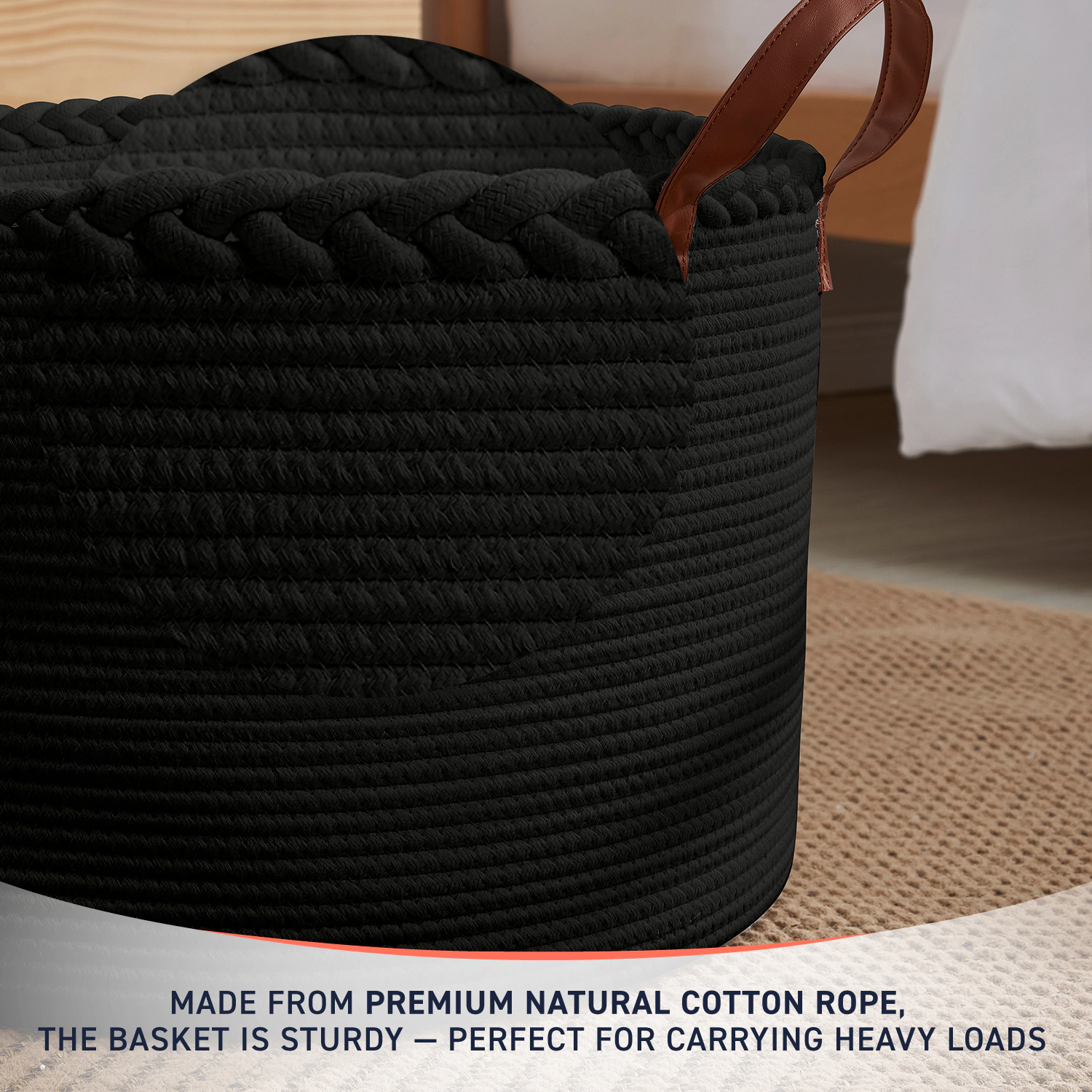 Ornavo Home Extra Large Round Cotton Rope Storage Basket Laundry Hamper with Leather Handles