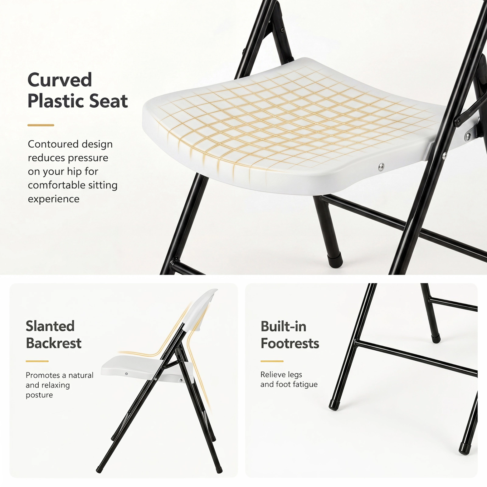 SUGIFT Set of 6 White Foldable Plastic Chairs with Carry Handle and Footrest for Party and Events