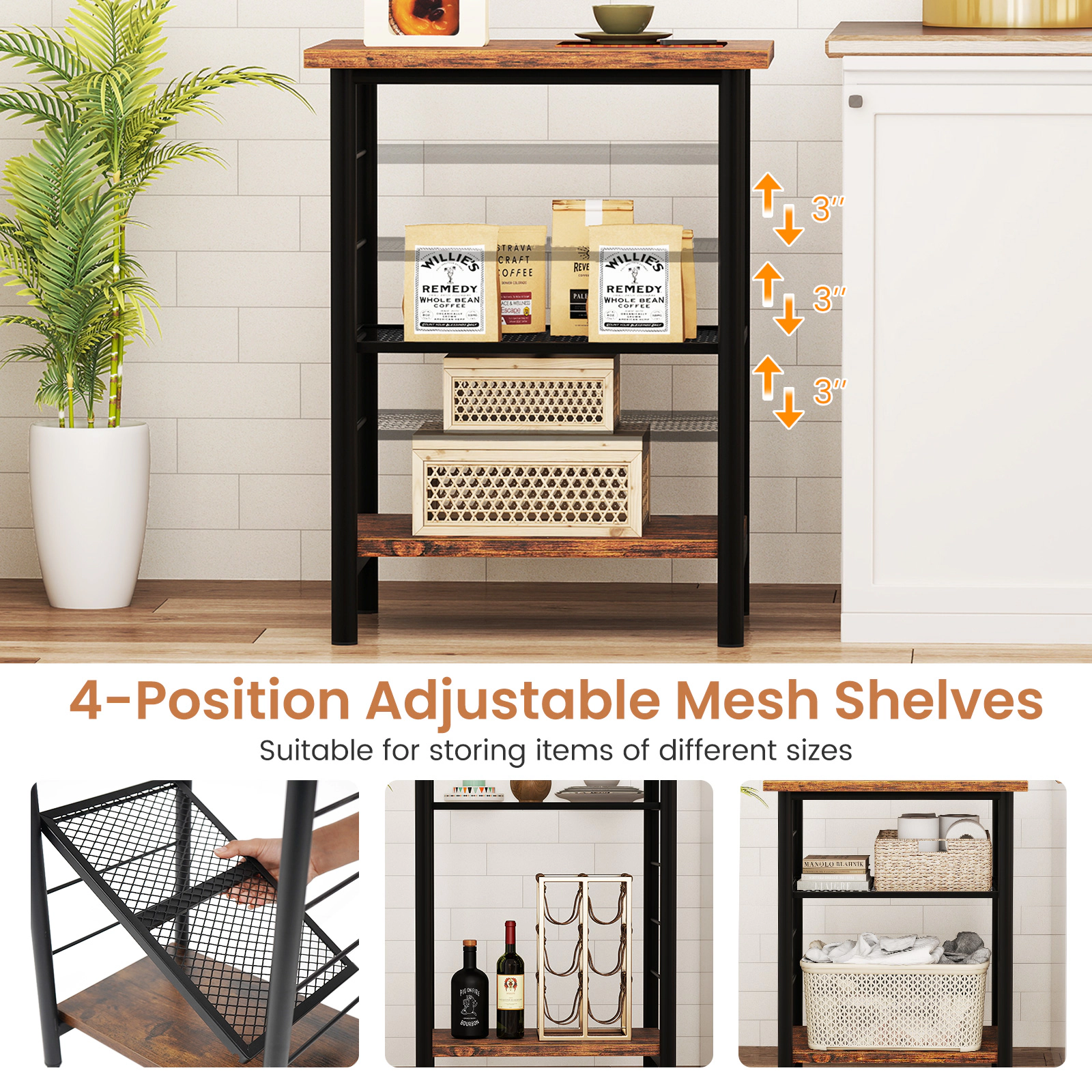 SUGIFT 20-Inch 3-Tier Industrial Side Table with Adjustable Mesh Shelves, Black and Rustic Brown