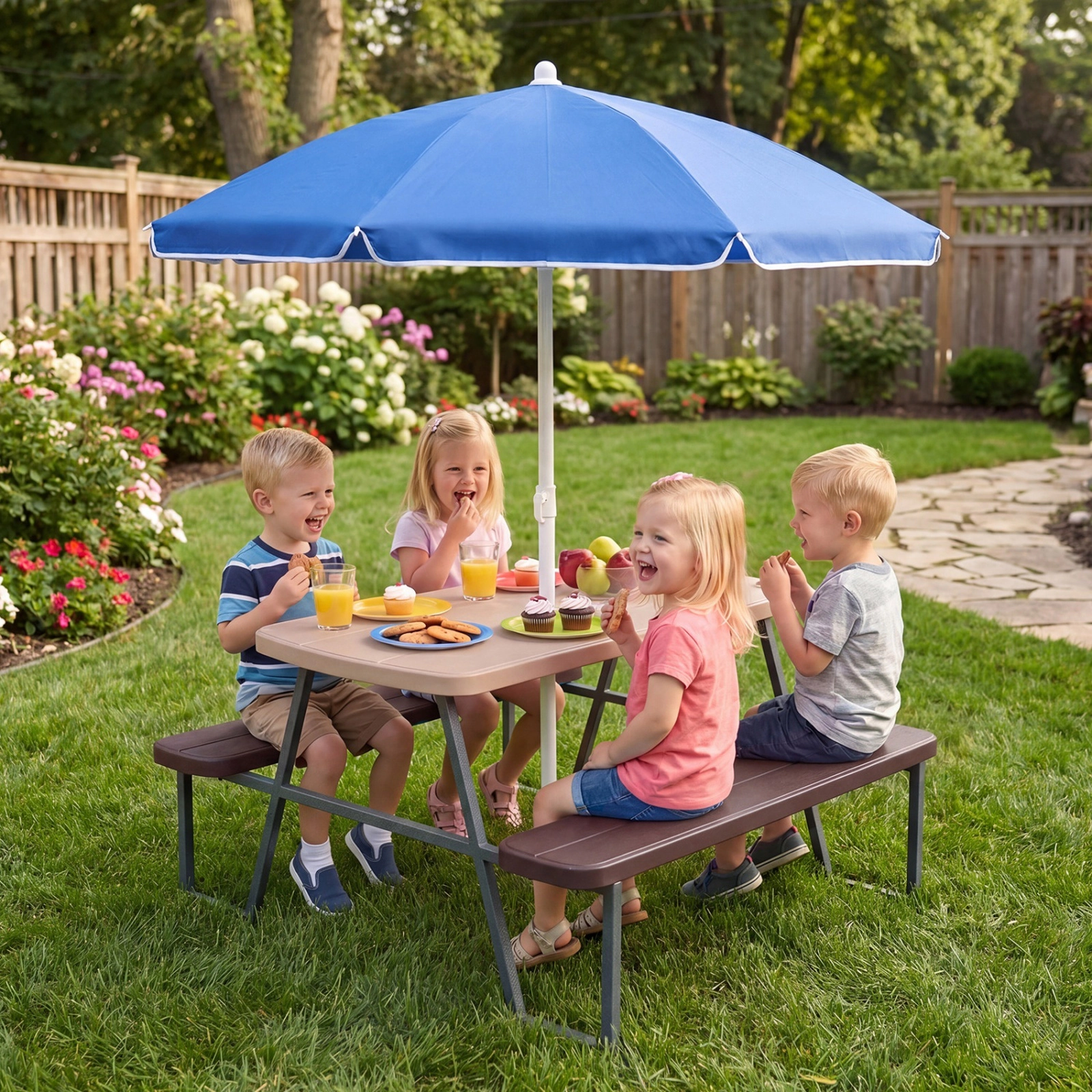 SUGIFT 4-Seat Kids Picnic Table with Foldable Umbrella, HDPE Top, Brown