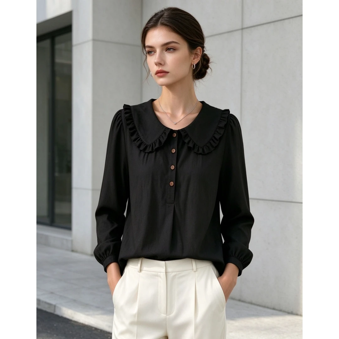 Coolmee Women's Solid Loose Peter Pan Collar Long Sleeve Cotton-Linen Look Shirt Blouse All Season