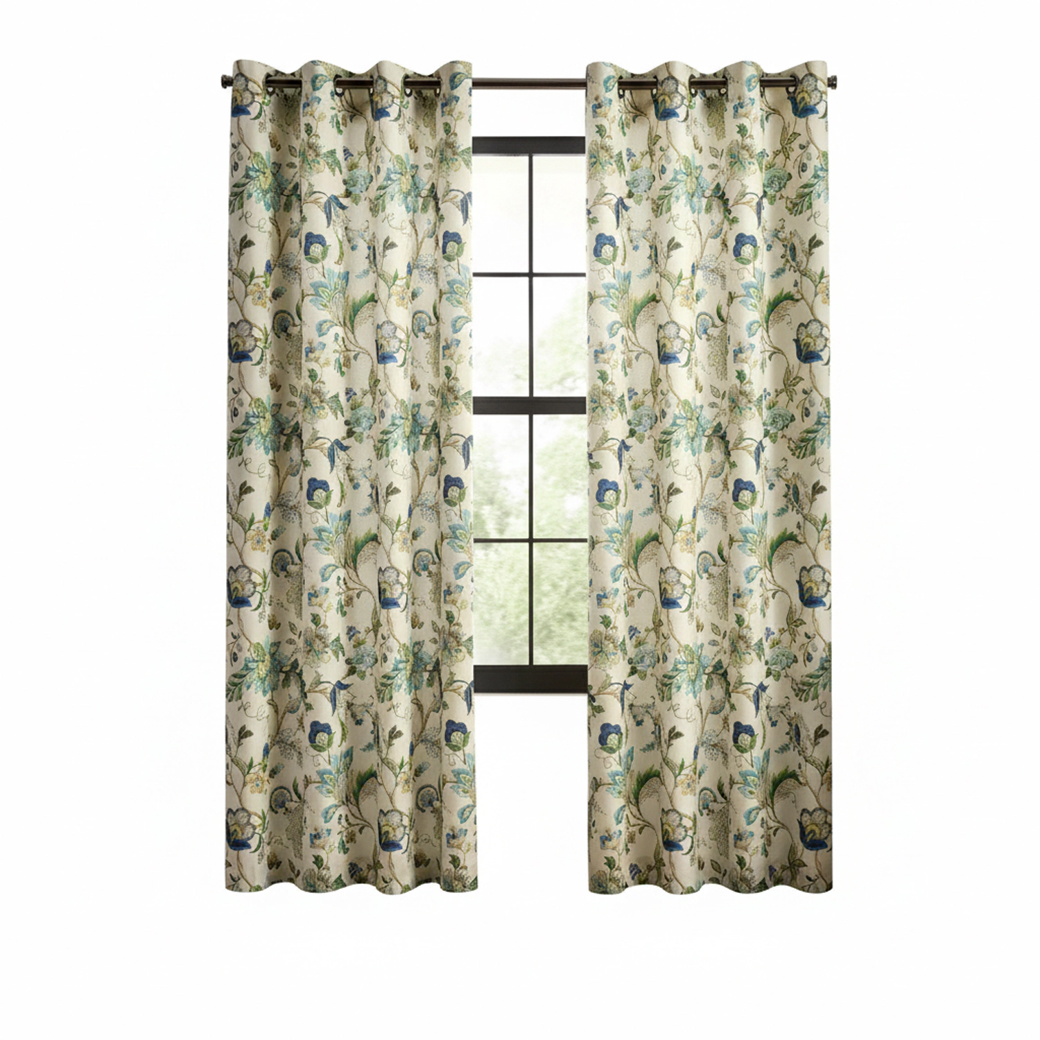 Ellis Curtain 100% Polyester Brissac Colrful Jacobean Pattern Grommet Curtain Panel Lined 50" x 63" Blue