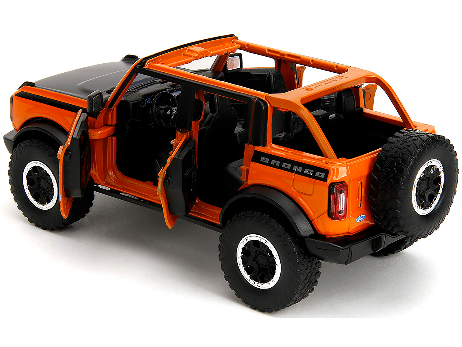 Jada 2021 Ford Bronco Open-Top Orange with Black Stripes and Hood with Extra Wheels "Just Trucks" Series 1/24
