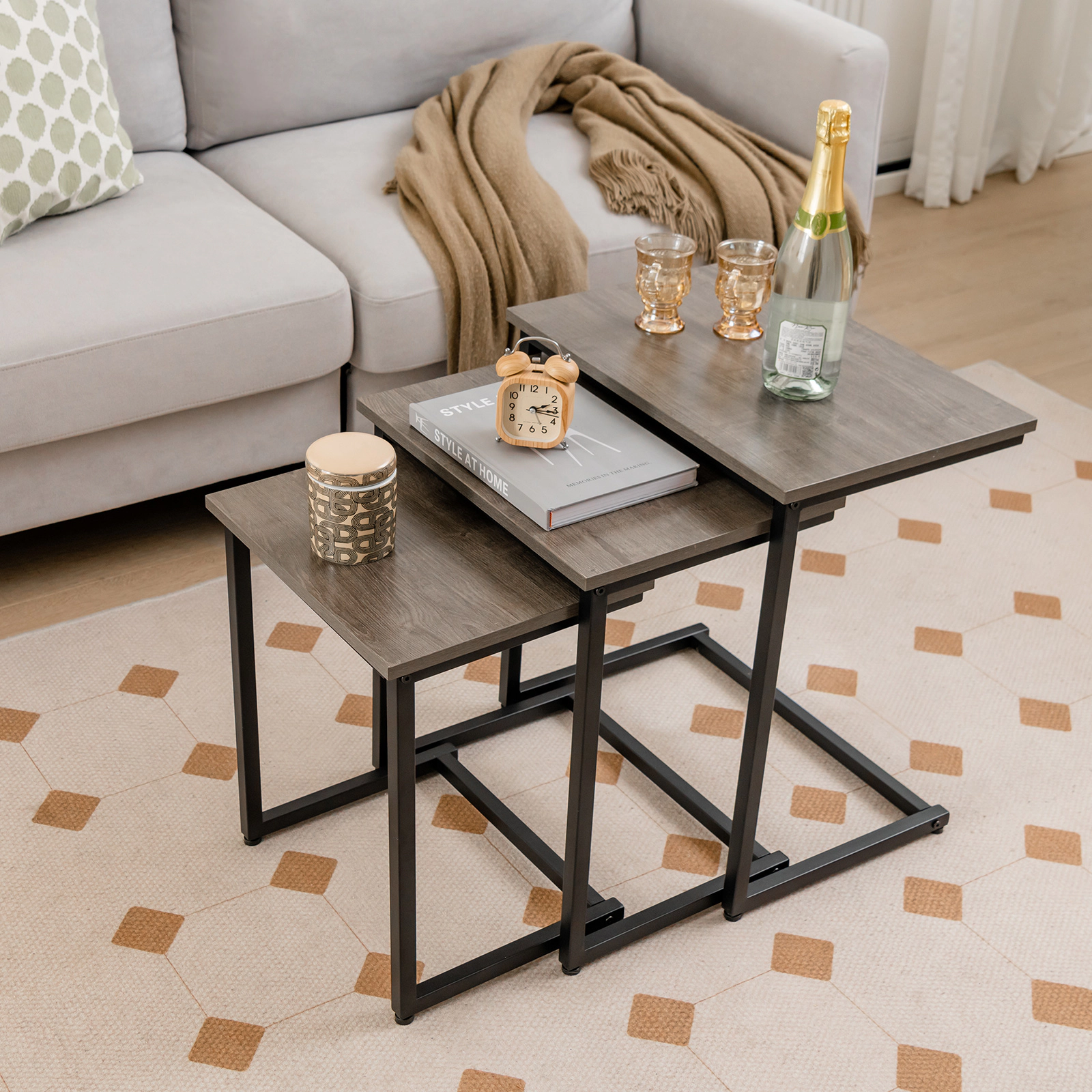 SUGIFT Stackable C-Shape Coffee End Table Set 44-lb Capacity Oak Color As the Picture Shows