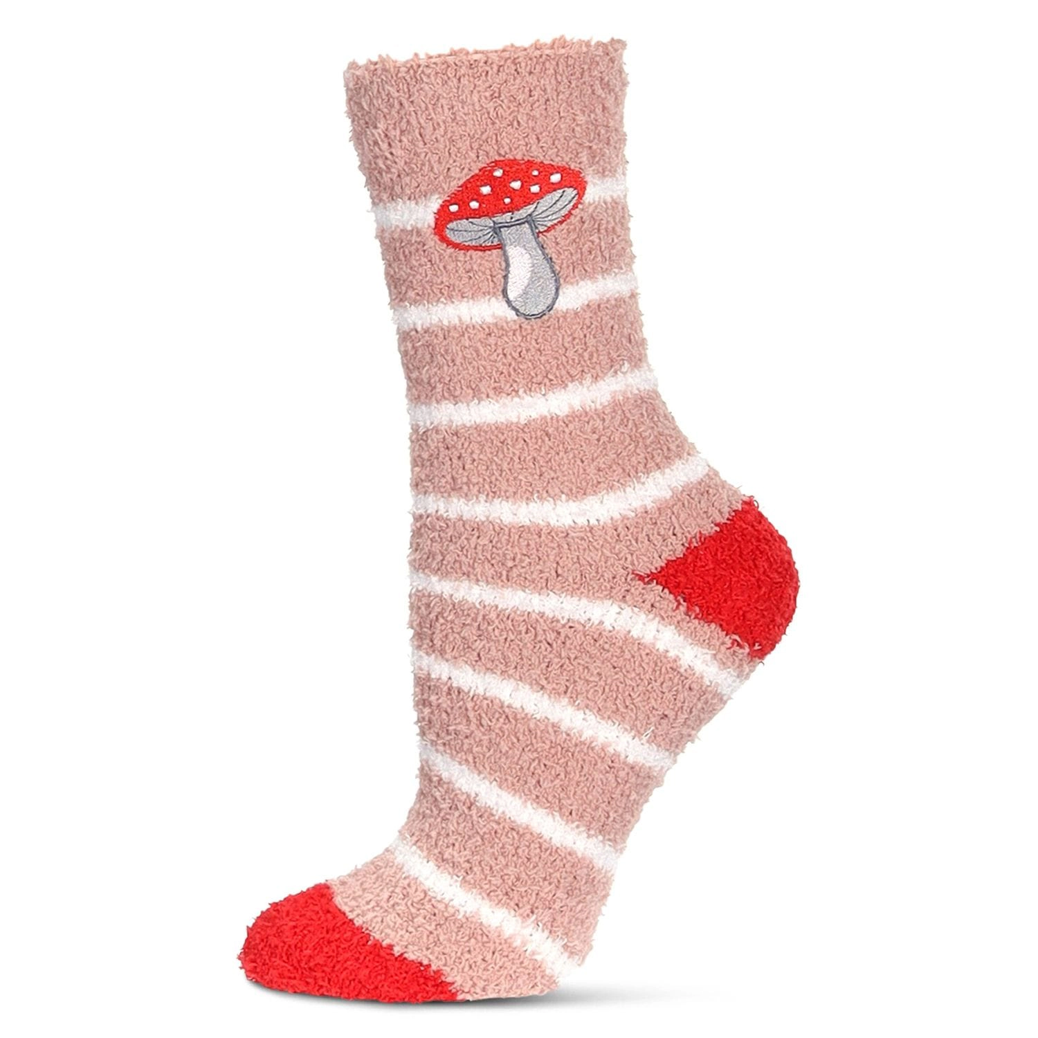 MeMoi Women's Striped Mushroom Embroidery Cozy Crew Socks