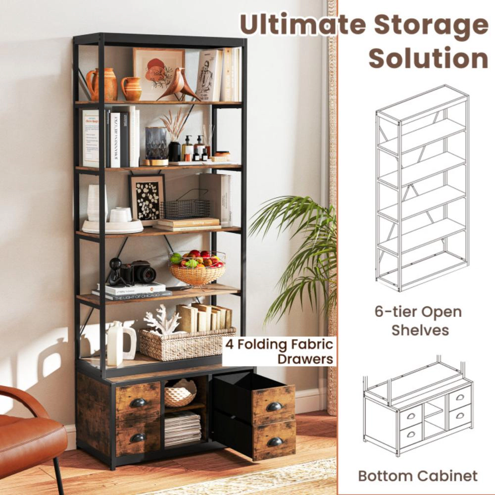 Hivvago 8-tier Bookshelf with 4 Fabric Drawers  and Heavy-duty Metal Frame-Coffee