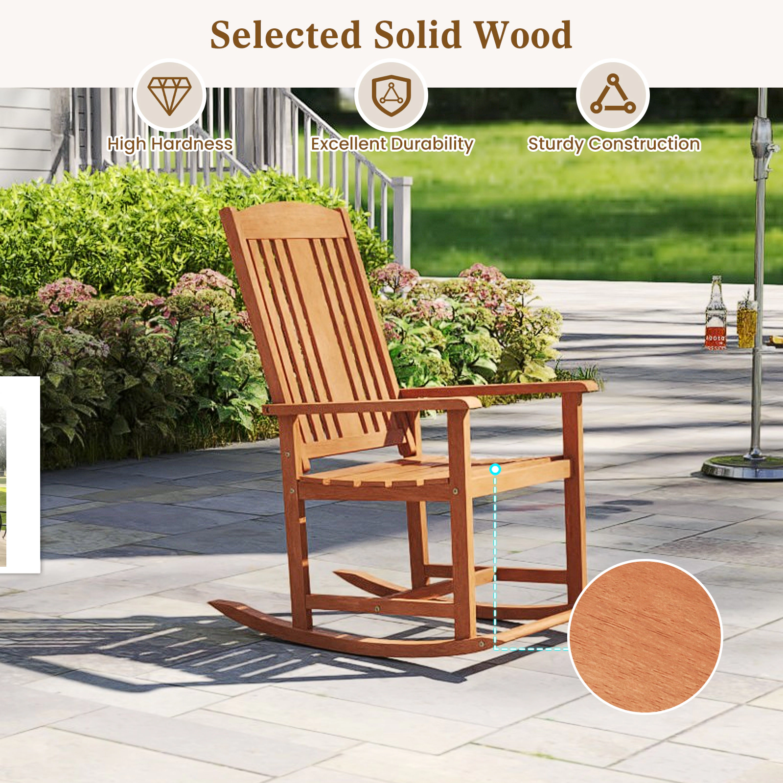 SUGIFT Solid Wood Outdoor Rocking Chair High Back Rocker 400-Lb Capacity 35.5-in Frame Slatted Seat Natural