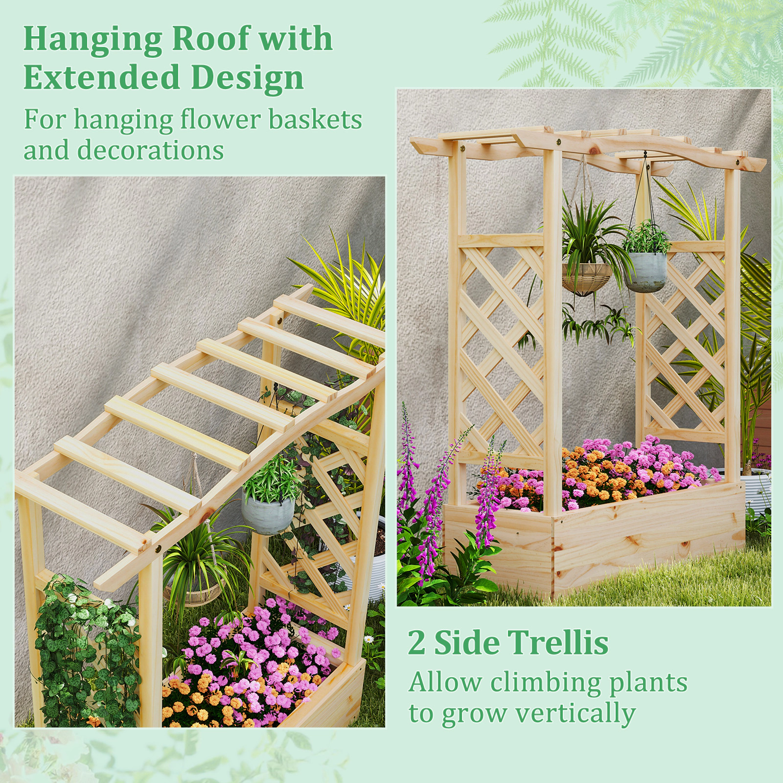 SlickBlue 44 Inch Elevated Garden Bed with Side Trellises Natural Wood