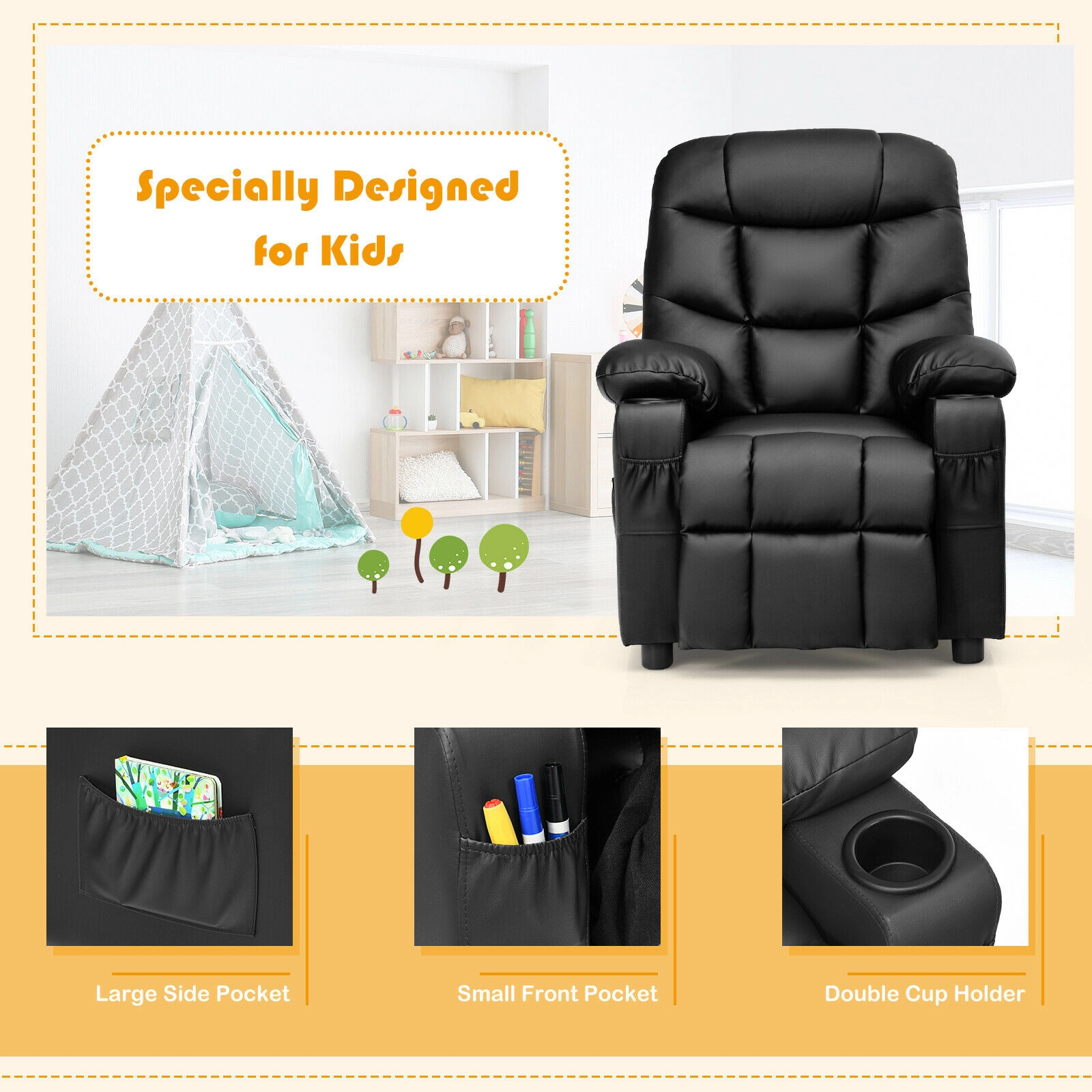 SUGIFT Adjustable Kids Recliner Chair with Cup Holders and Footrest 120-lb Capacity Ages 3+ 26-in Wide Black PU Leather