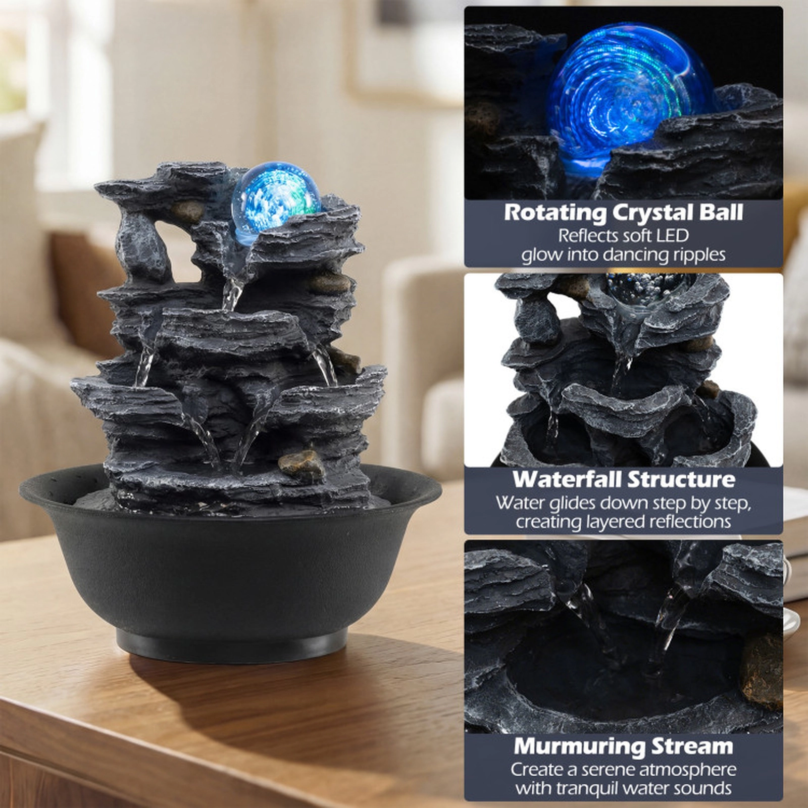 SUGIFT Multi-Tier Cascading Tabletop Water Fountain Rolling Crystal Ball Color-Changing LED 8.5 x 10.5-in 2.5-lb Black