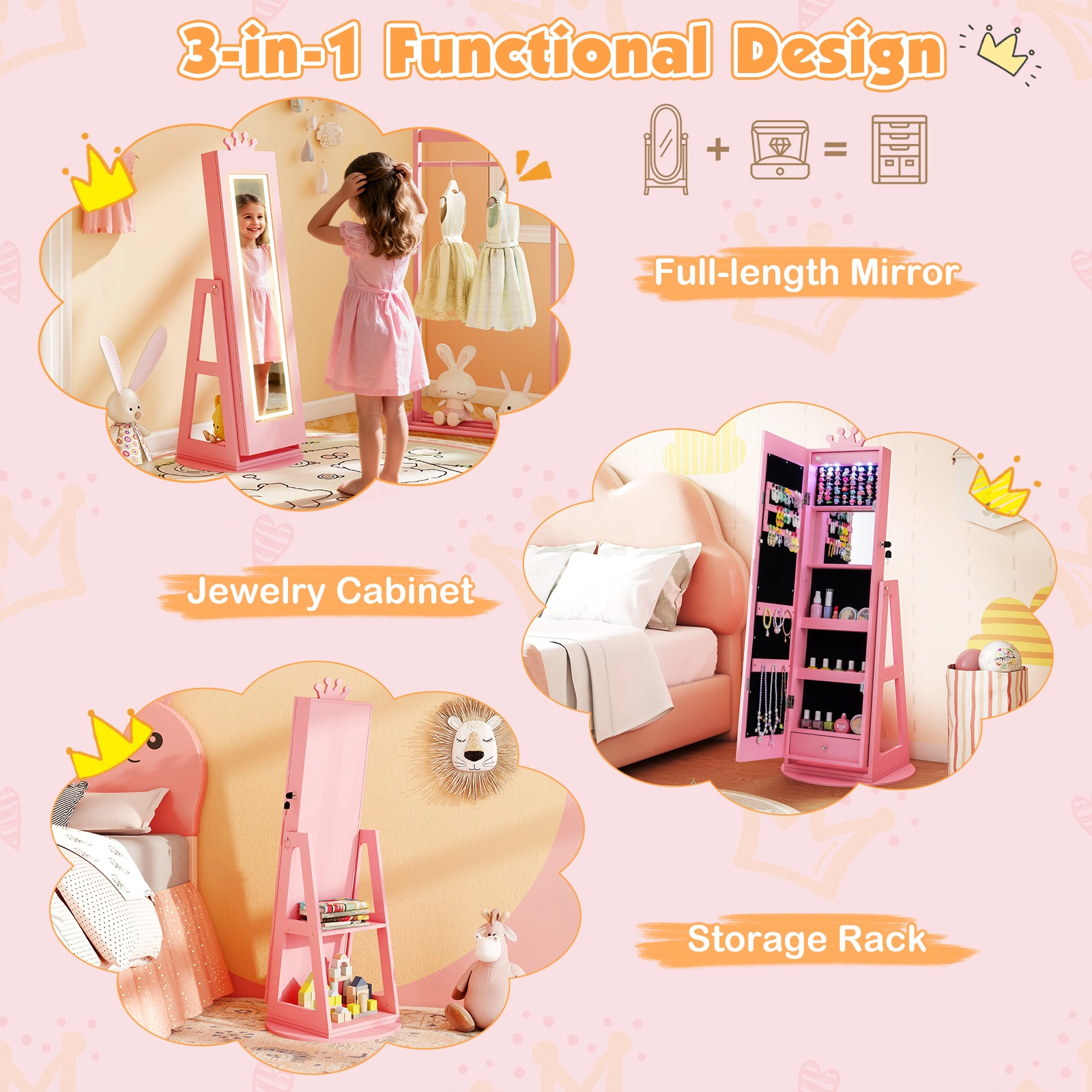 SUGIFT Kids Jewelry Armoire with 32.5-in Lighted Full-Length Mirror and 45-in Rotating Inner Mirror Cabinet