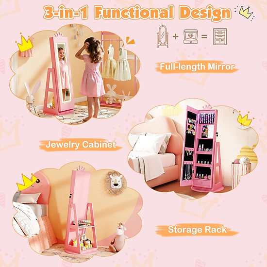 SUGIFT Kids Jewelry Armoire with 32.5-in Lighted Full-Length Mirror and 45-in Rotating Inner Mirror Cabinet