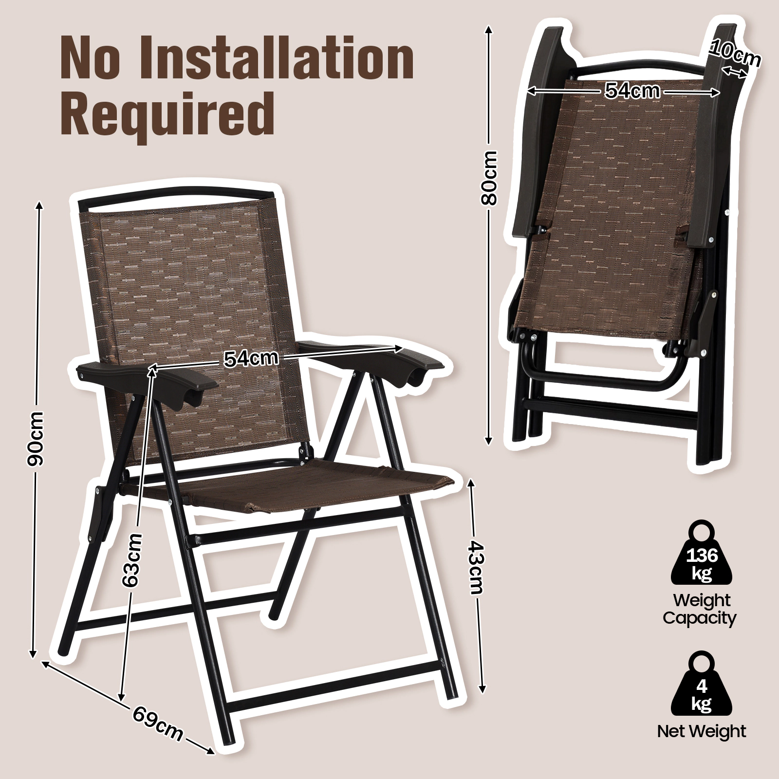 LJG 4 Pieces Folding Dining Chairs with Smooth Armrests and Sling Back