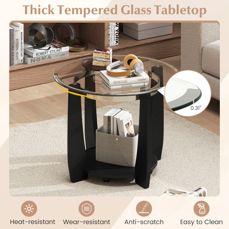 Hivvago 32" 2-Tier Glass Round Coffee Table With Storage Shelf