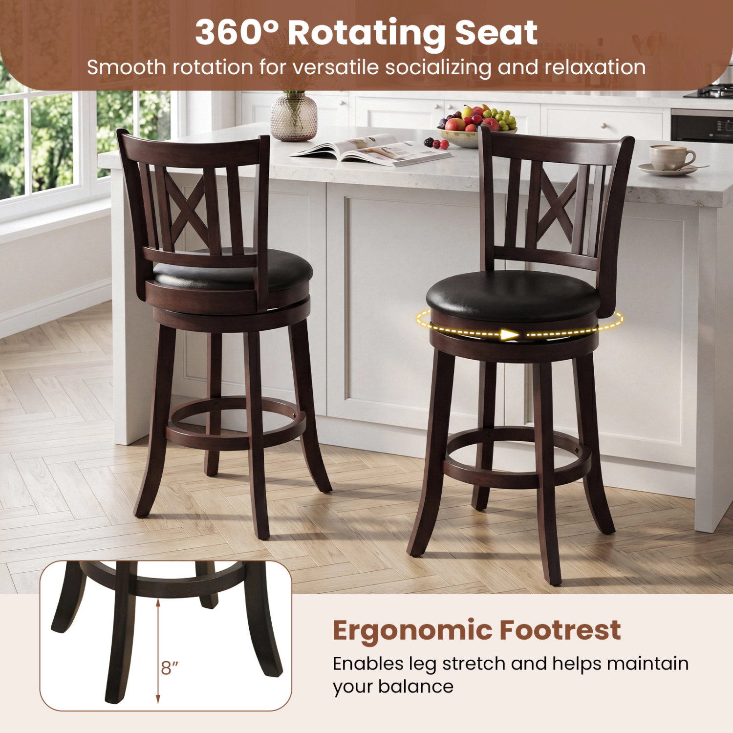 LJG Set of 2 Bar Stools Swivel Bar Chairs with Hollowed Backrest and Footrest
