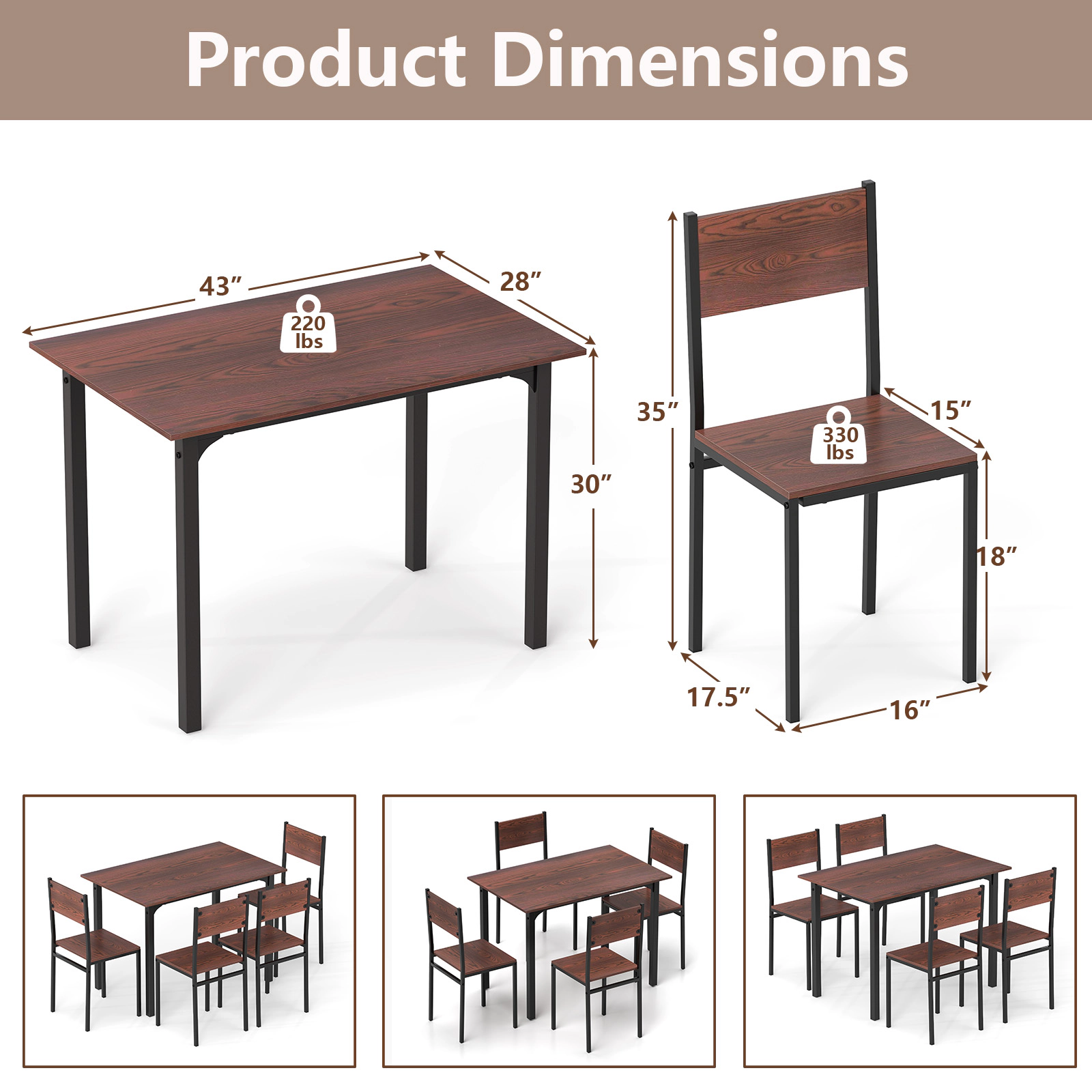 SUGIFT Walnut Industrial 4 Chairs and Kitchen Table 5 Piece Dining Set