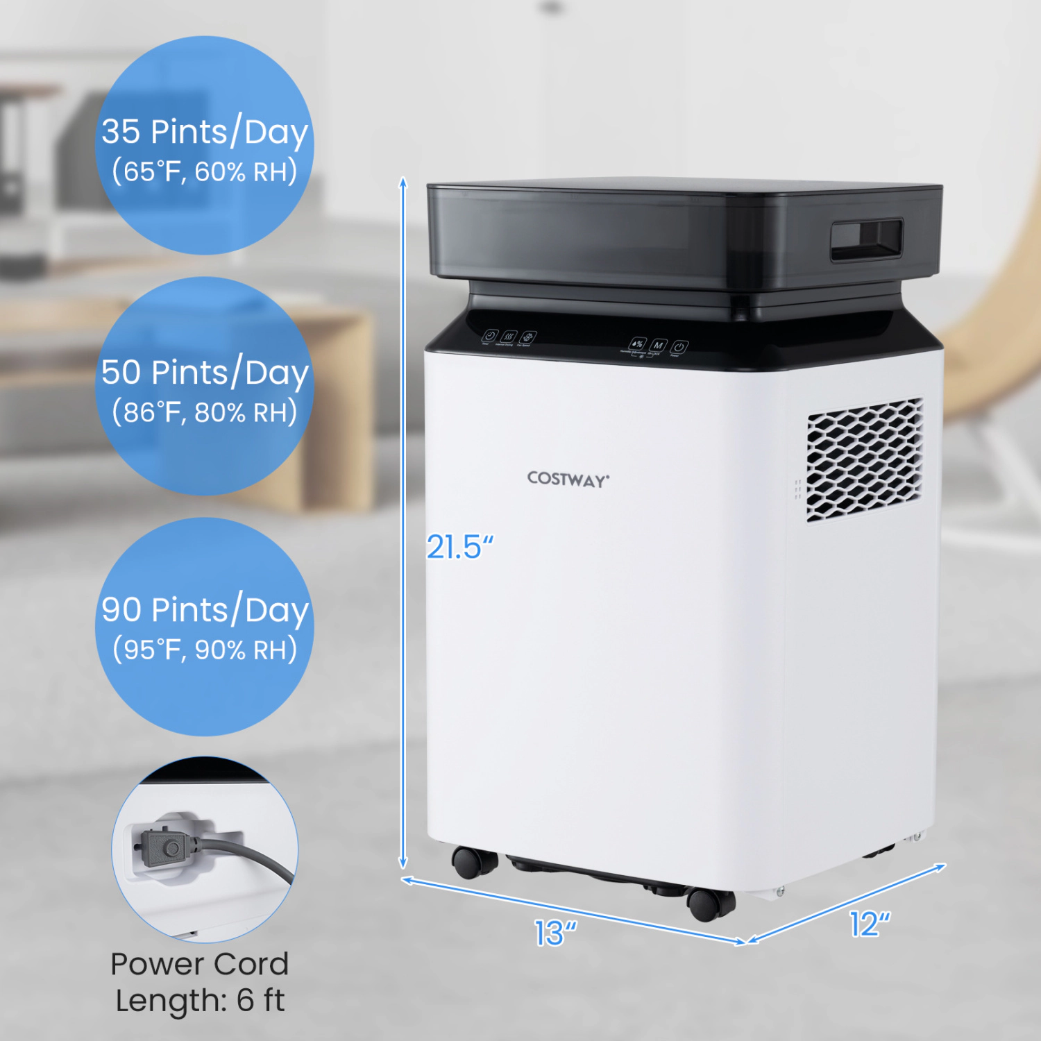 LJG 70/90 Pint 4500/6000 Sq. Ft Dehumidifier with Continuous and Auto Mode