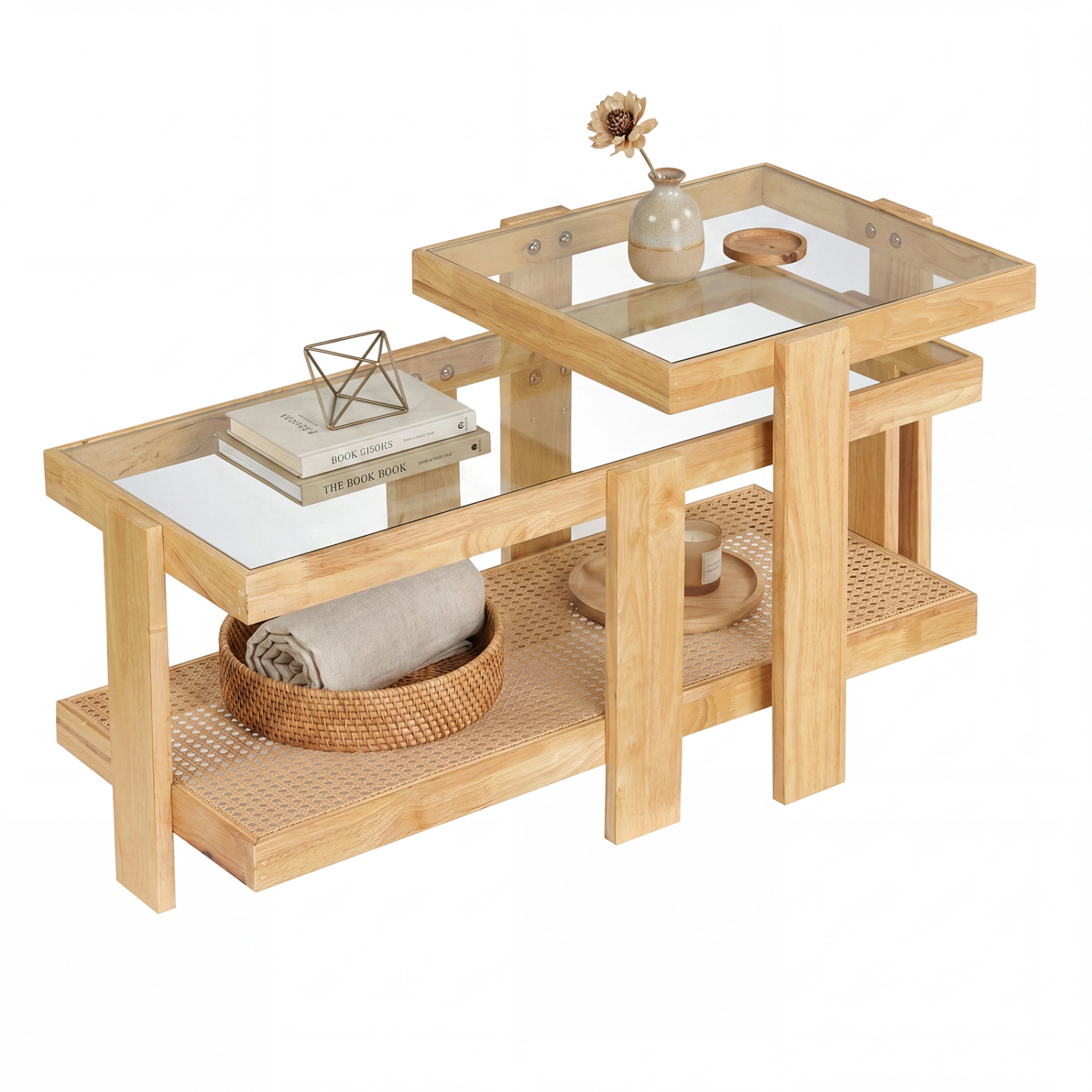 Glintex 2-Piece Nesting Coffee Table Set with Glass Tops and Rattan Shelf, Natural