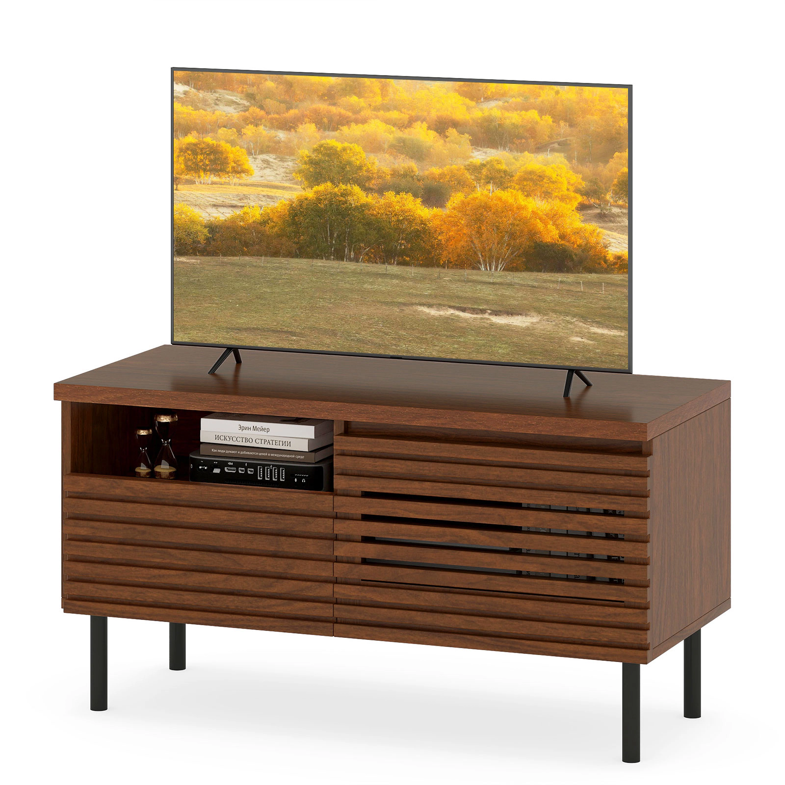 Glintex 35.5-Inch Fluted TV Stand with Drawer and Hidden Cable Hole, Walnut