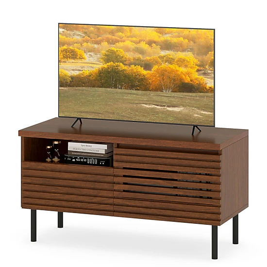 SUGIFT 40-Inch Walnut Fluted TV Stand with Drawer, Cabinet and Open Shelf