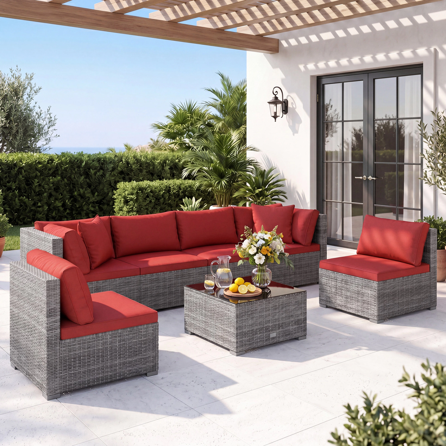 LJG 7-Piece PE Rattan Patio Set with Glass Table & Soft Cushions for Outdoor