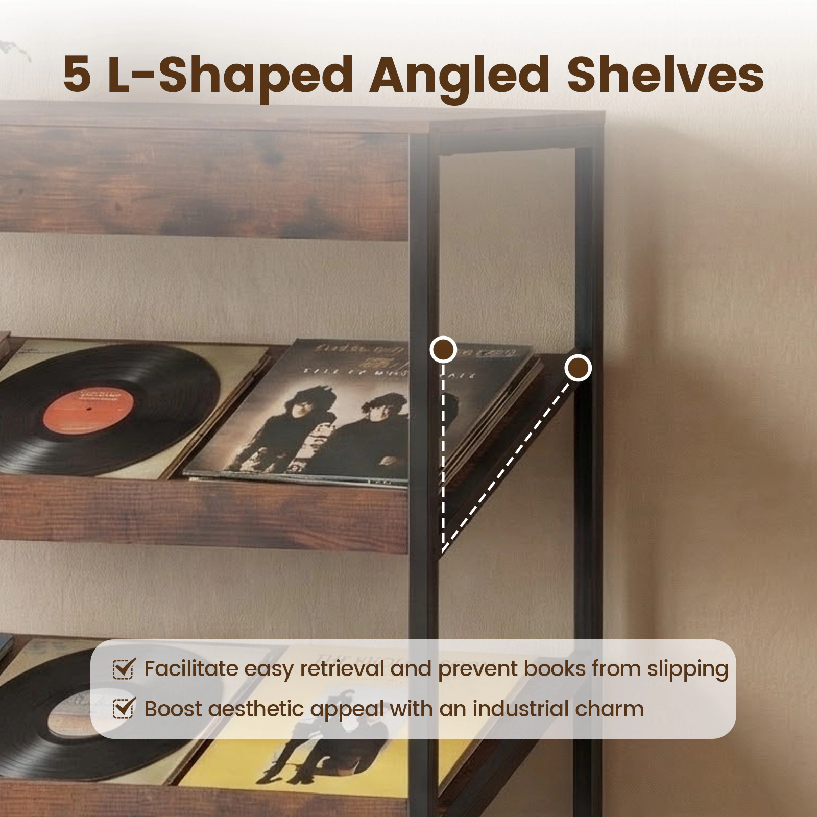 SUGIFT Rustic Brown 6-Tier Tall Bookshelf 63.5 in with Angled L-Shaped Shelves