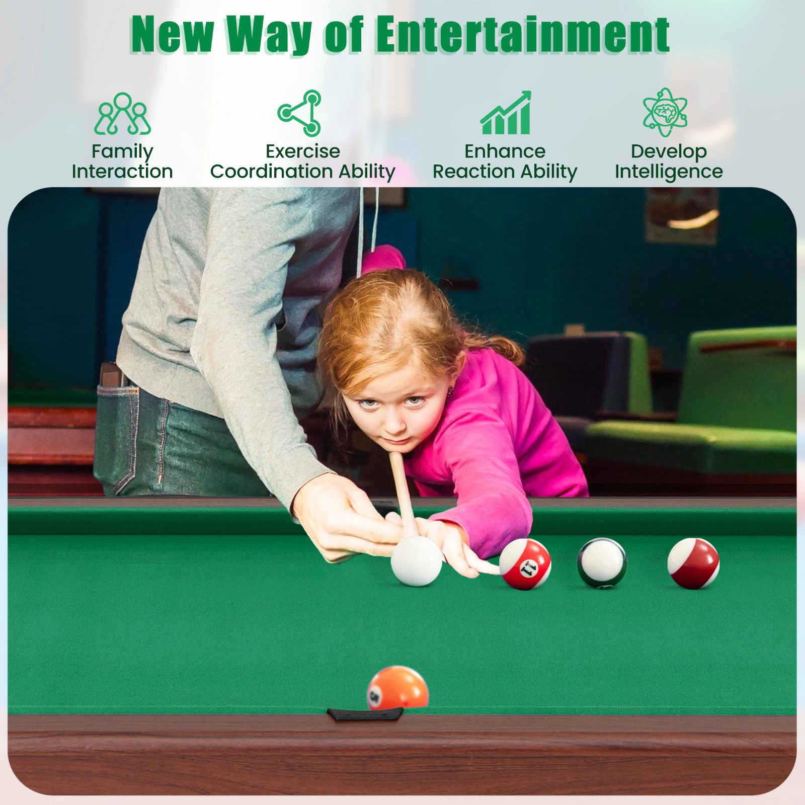 SUGIFT Green Wooden Pool Billiard Table with Full Ball Set and 36-in Cue Sticks 48-in W 24-in D 30-in H