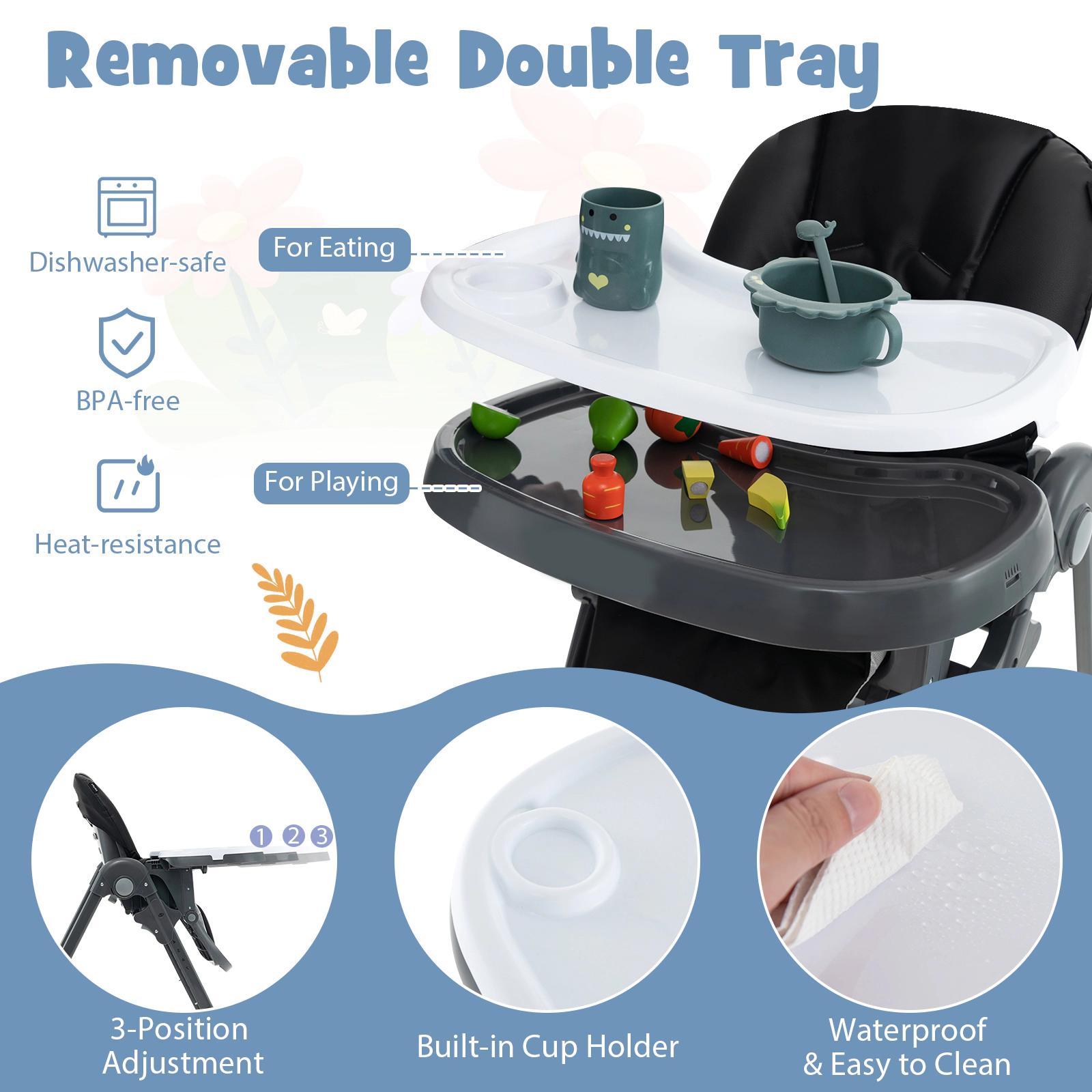 SUGIFT 3-in-1 Convertible Baby High Chair with Adjustable Seat and Tray 33-lb Capacity Ages 6-36 Months Black