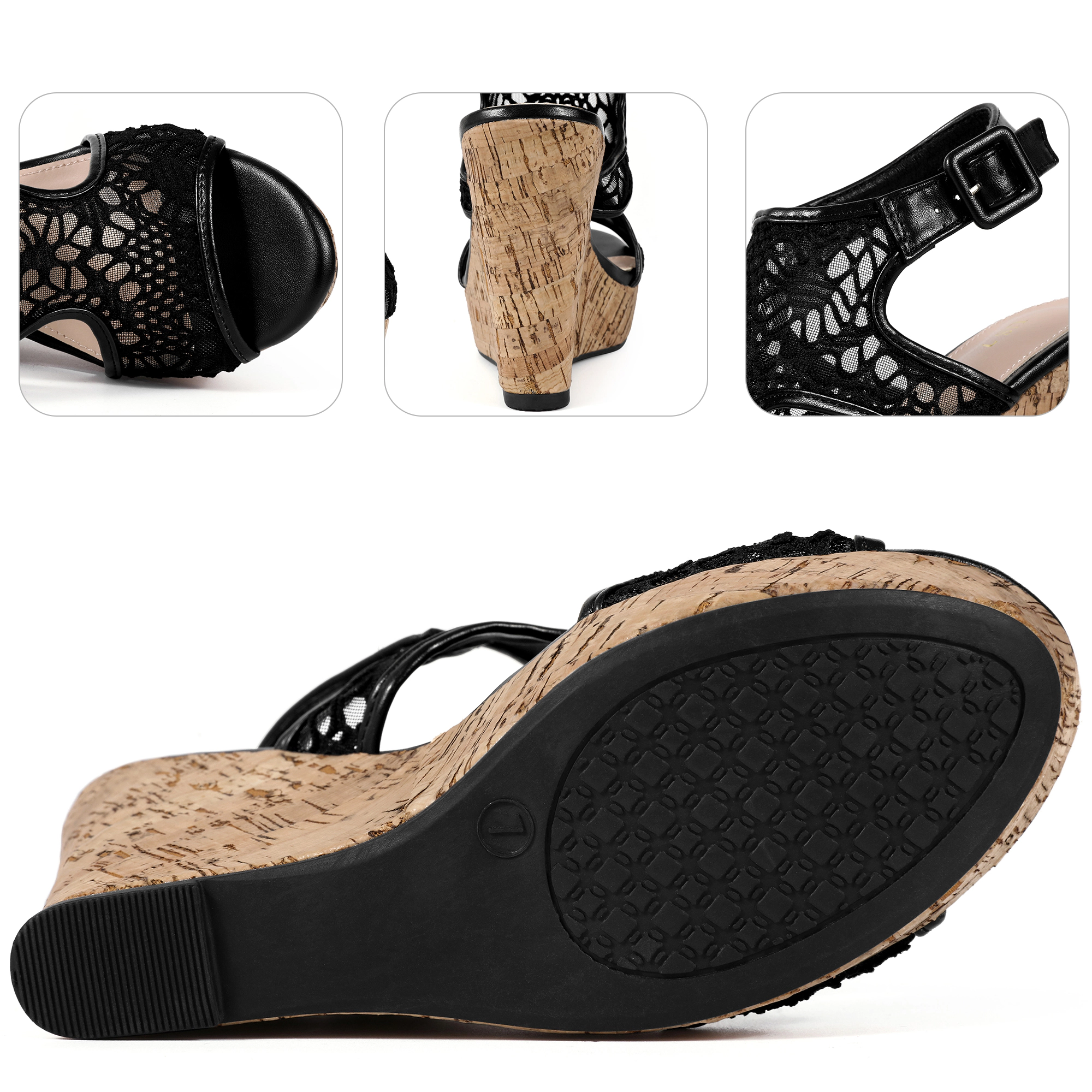 BLISSFUL STEP Women's Lace Open Toe Ankle Strap Platform Wedges Heel Sandals