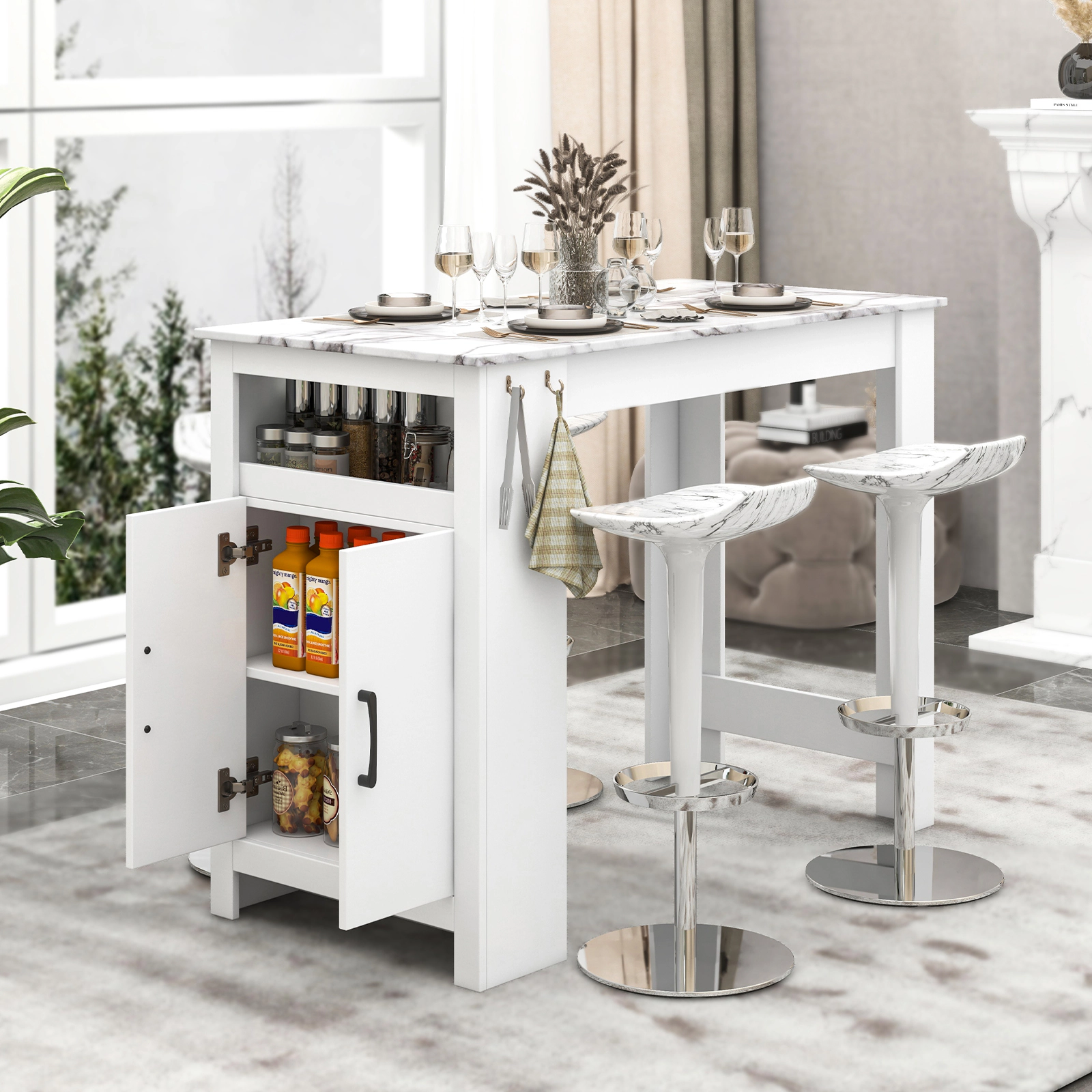 SUGIFT Faux Marble Bar Pub Table Storage Compartment & 7 Hanging Hooks 47-in Frame 220-lb Tabletop Capacity White MDF
