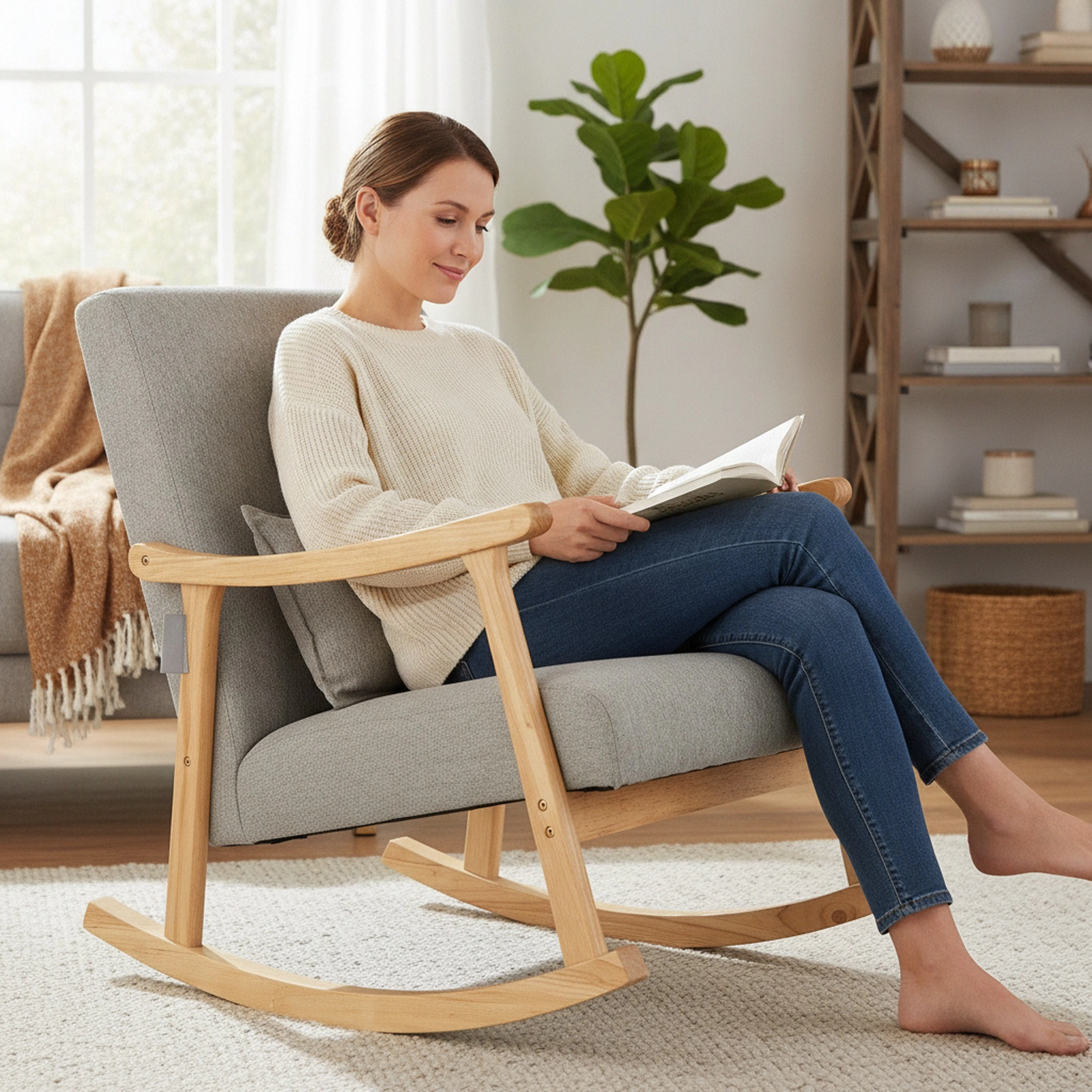 SUGIFT Gray Upholstered Rocking Chair with Lumbar Pillow, 5-Inch Cushion, Spring Seat, Rubber Wood Frame