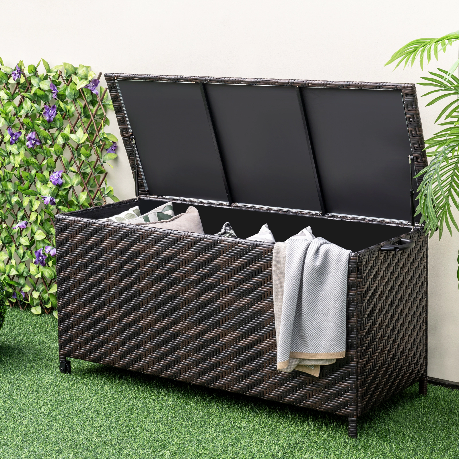 SUGIFT 85 Gallon PE Rattan Outdoor Storage Box with Removable Liner Universal Wheels 66-lb Top Capacity Brown/Black
