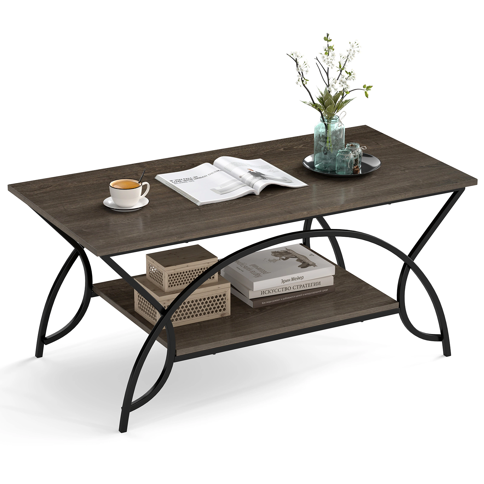 Glintex 2-Tier 39.5-Inch Faux Marble Coffee Table with Arched Metal Frame, Oak