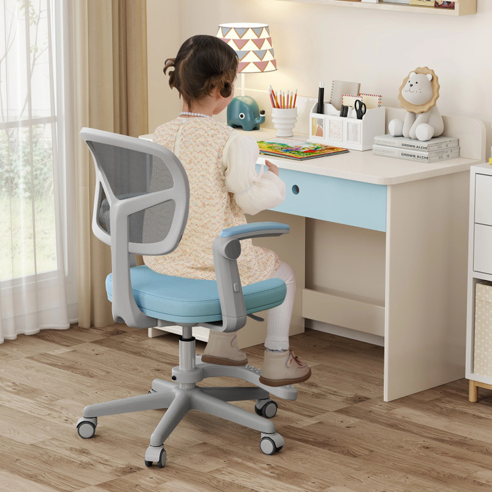 SUGIFT Adjustable Kids Study Chair with Swivel Seat Armrests Footrest and Mesh Back 330-lb Capacity Blue