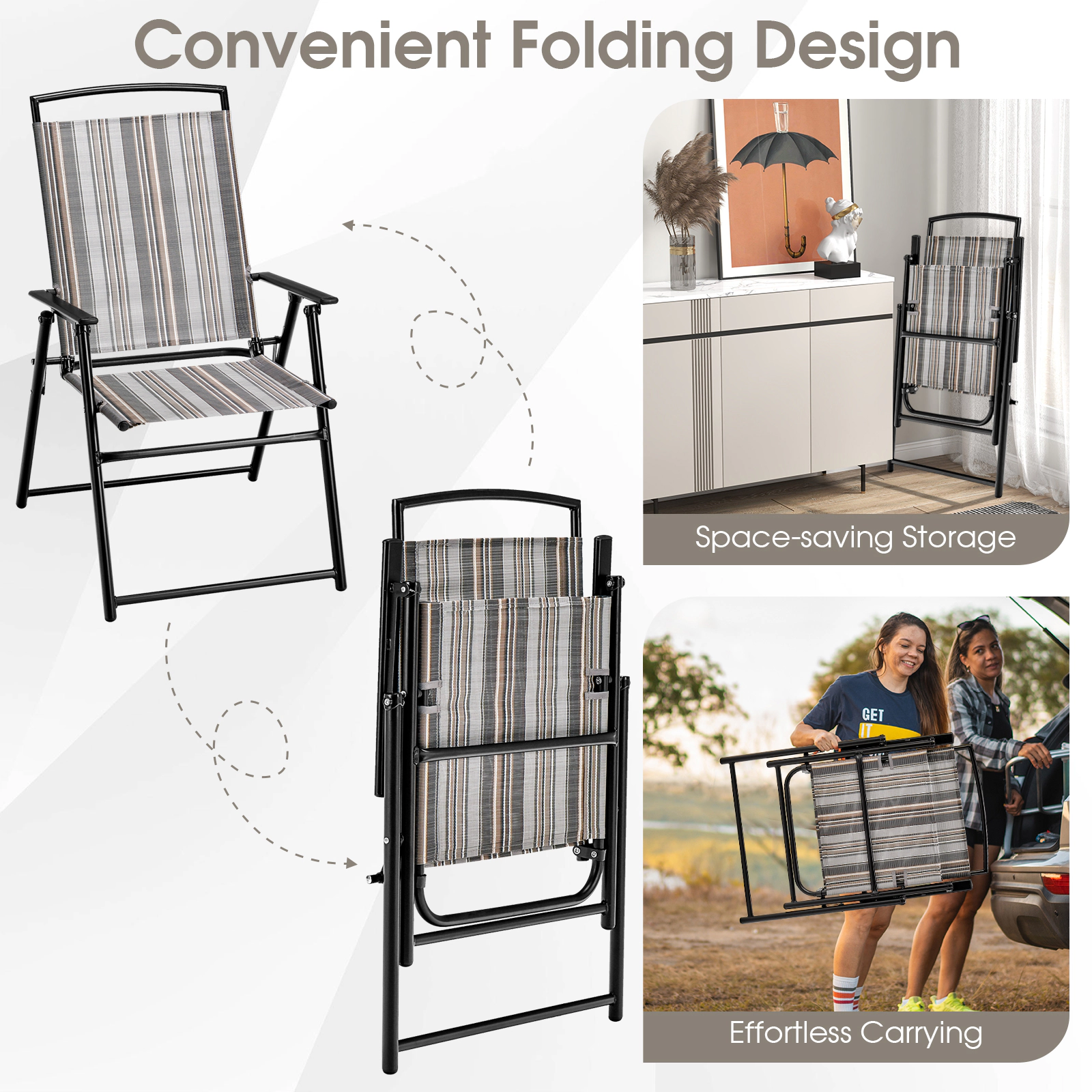 SUGIFT Set of 2 Space-Saving Patio Folding Sling Dining Chairs 330-Lb Capacity 24 x 20 x 36 in Gray