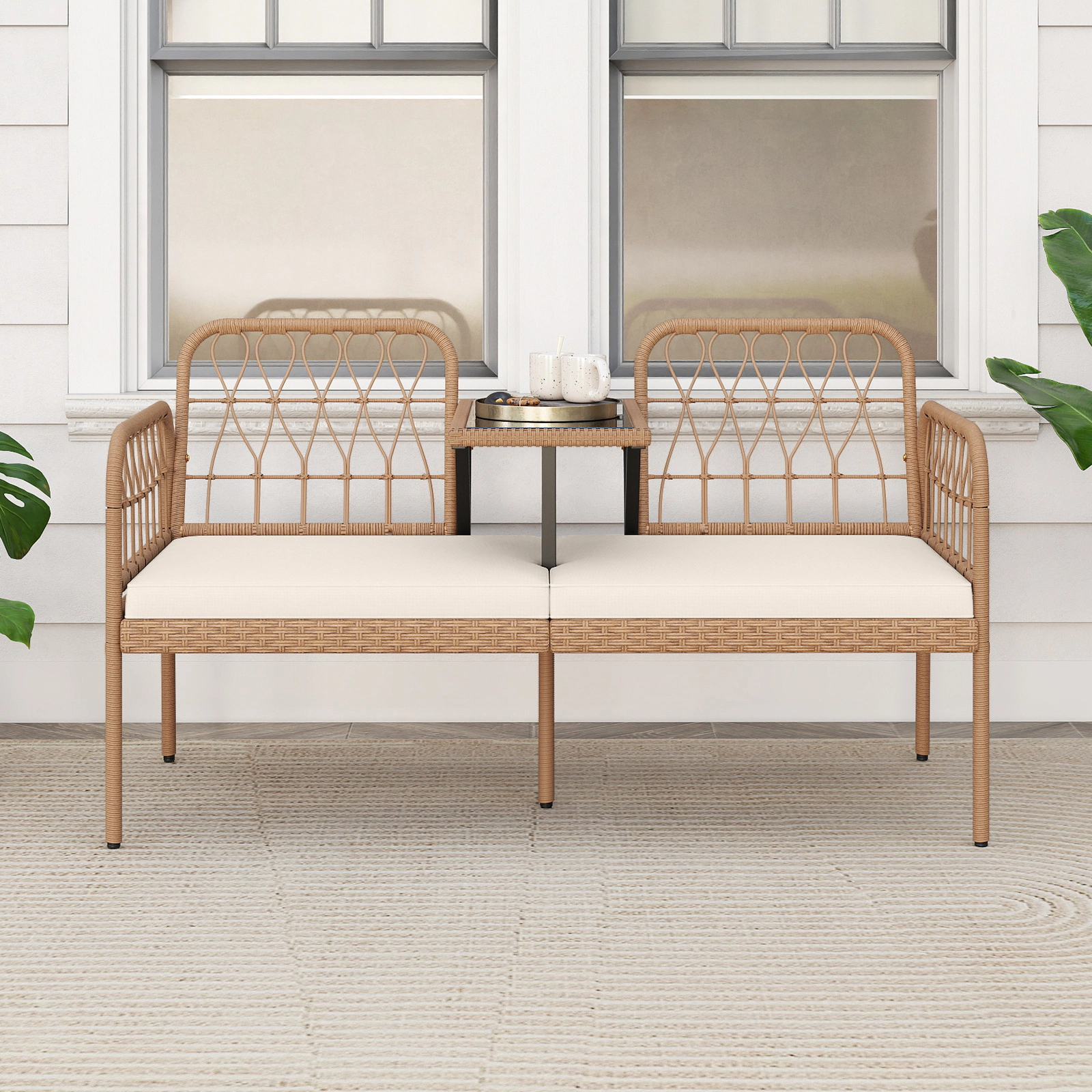 SUGIFT 54-Inch Natural PE Rattan Loveseat with Built-In Glass Table