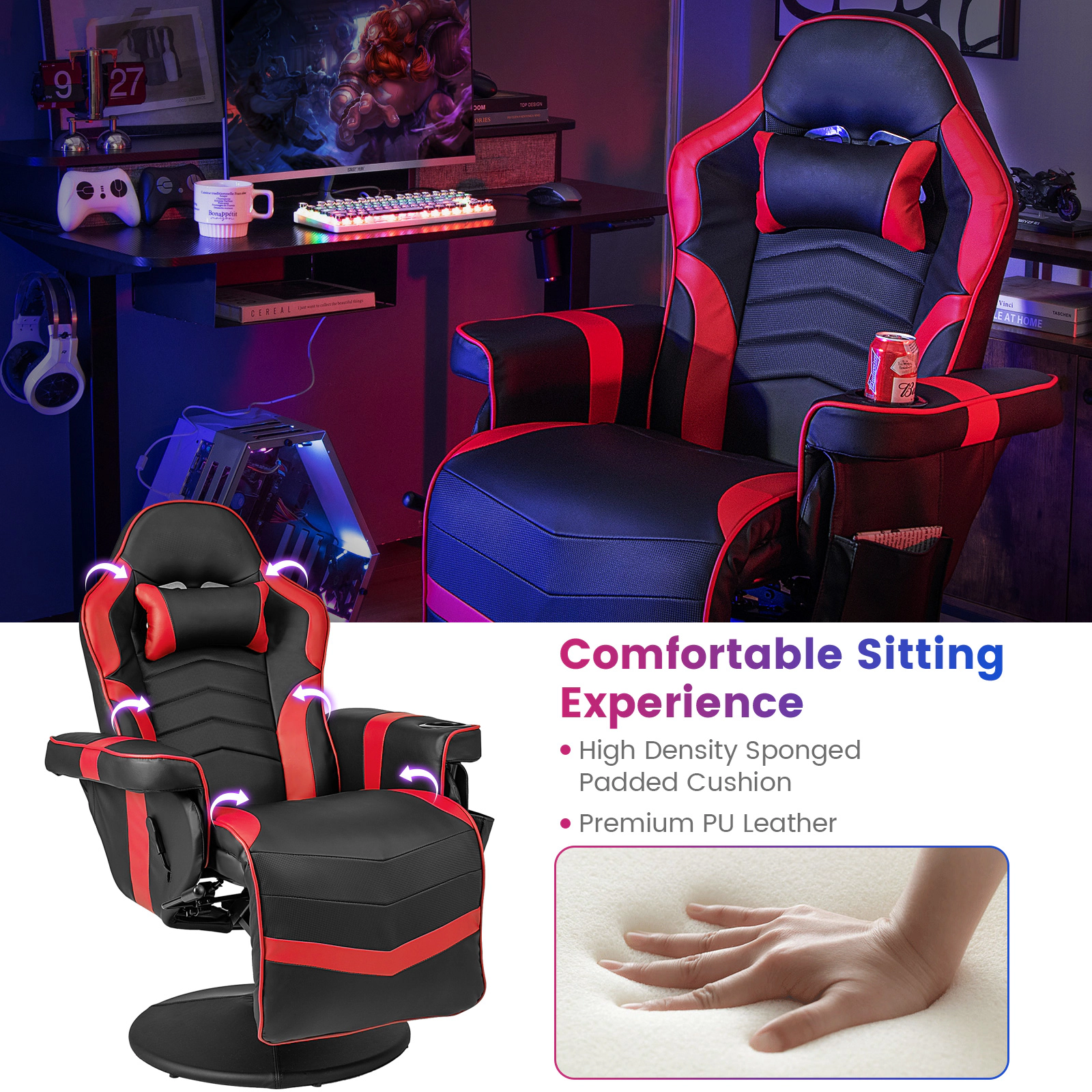 SUGIFT Massage Video Gaming Recliner Chair with Adjustable Height and Swivel Base 352-lb Capacity 31.5-in Wide Seat Red