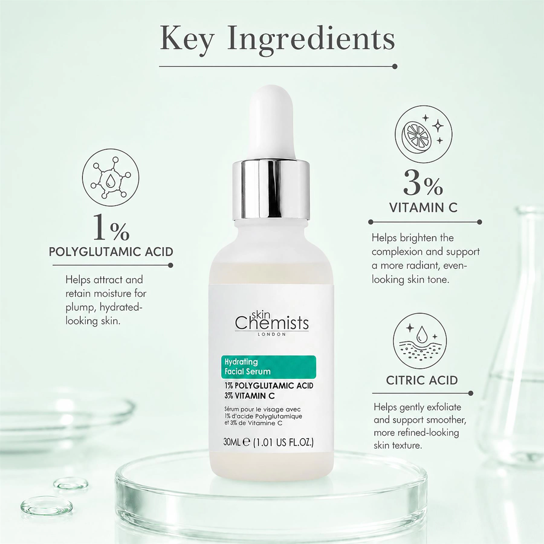 skinChemists Hydrating Polyglutamic Acid 1% Vitamin C 3% Facial Serum 30ml