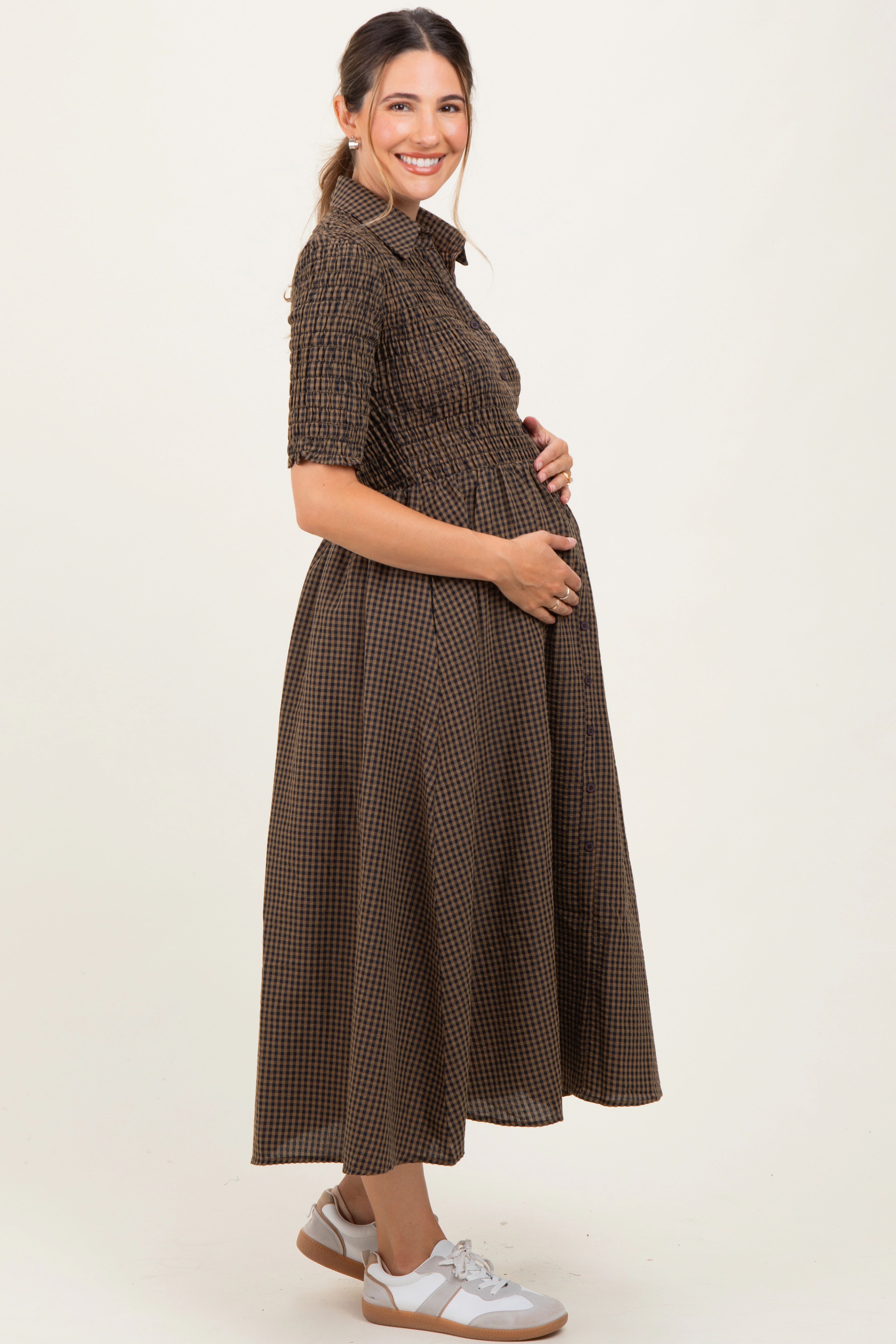 PinkBlush Womens Brown Gingham Smocked Button Down Maternity Midi Dress