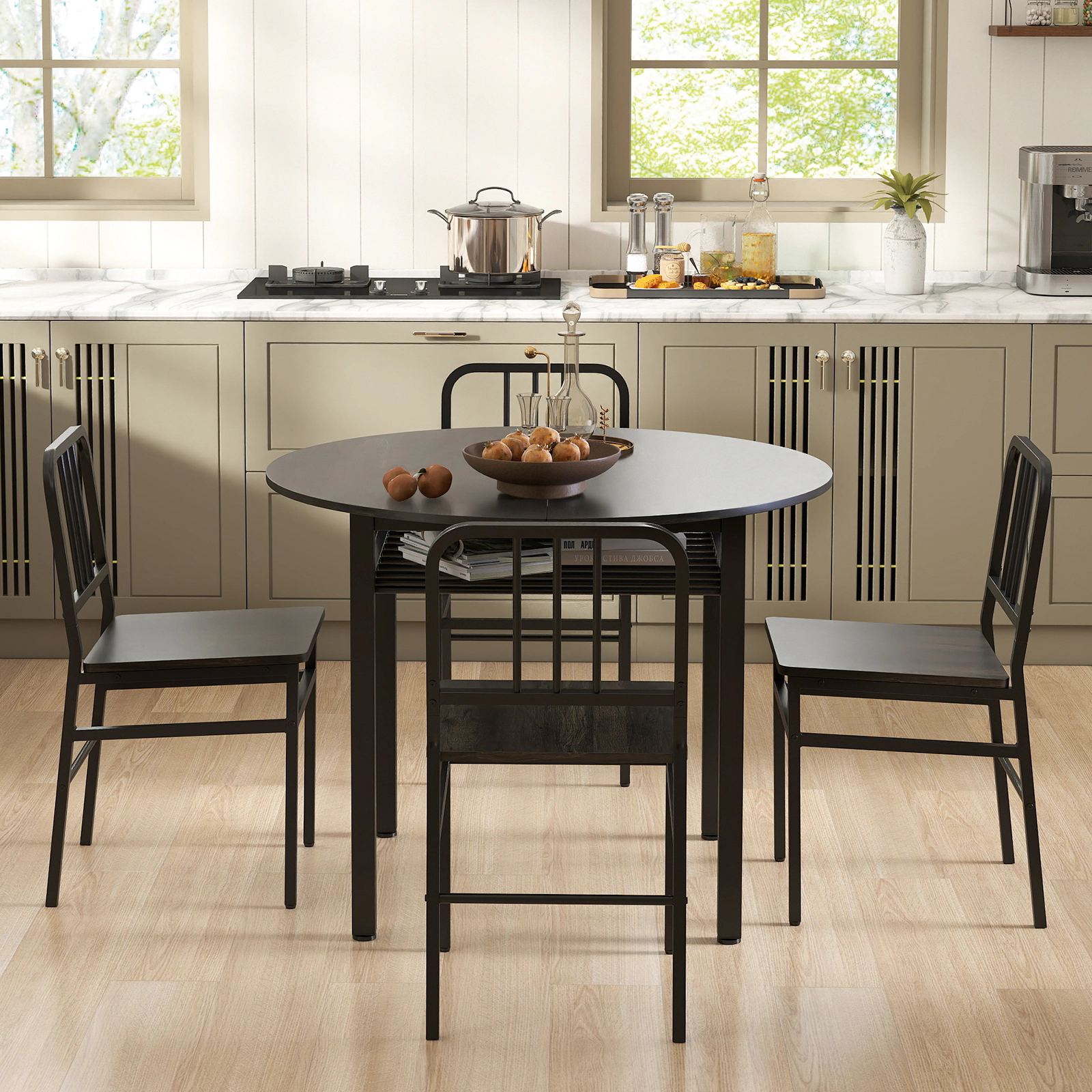 SUGIFT Gray 5-Piece Round Dining Set for 4, 40-Inch Table with Storage Shelf and Metal Chairs