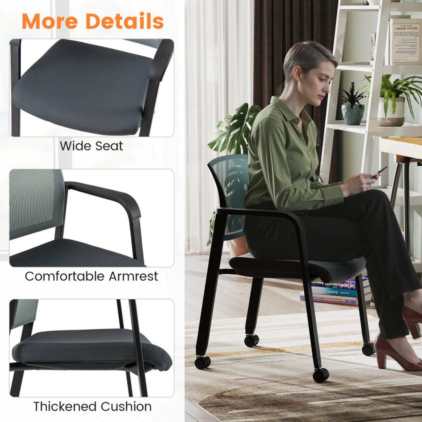 SUGIFT Set of 2 330-lb Capacity Gray Stackable Rolling Desk Chairs with Curved Mesh Backrest and Padded Seat