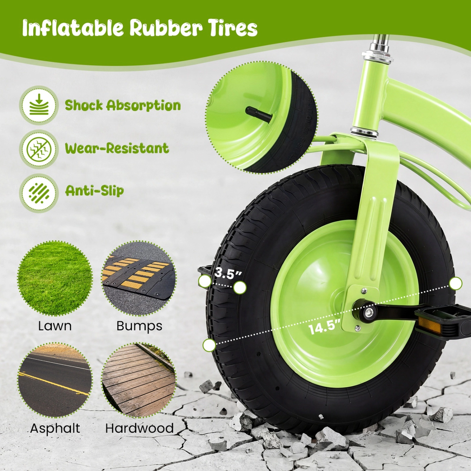 Kids Tricycle 15-in Inflatable Front Tire Carbon Steel Frame Adjustable Handlebar and Padded PU Seat Ages 3+ Green