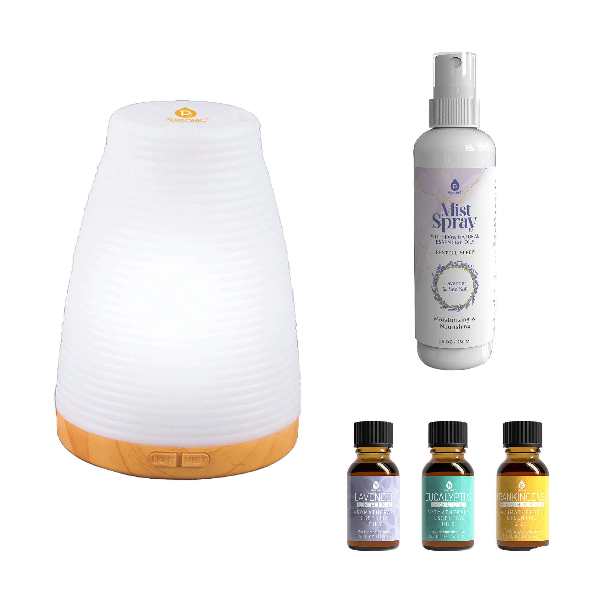 Pursonic Unisex Relaxation & Wellness Aromatherapy USB Diffuser Essential Oils & Mist Spray Bundle