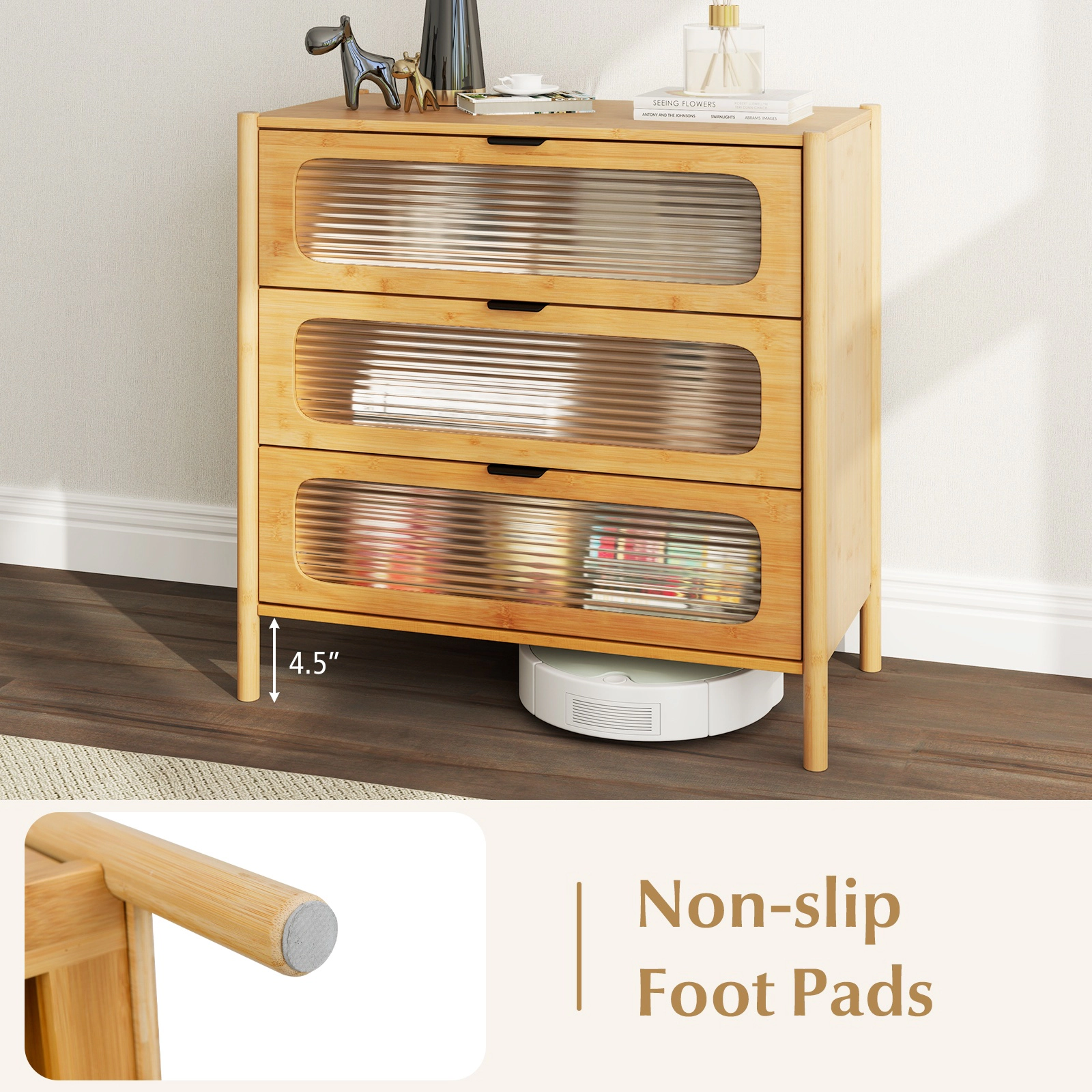 Glintex 3-Drawer Bamboo Chest with Reeded Tempered Glass Fronts, Natural