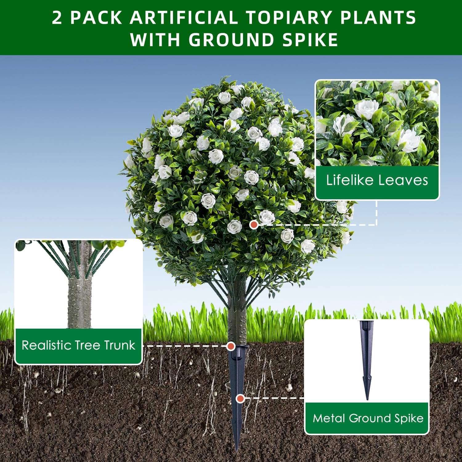 Artificial Topiary Trees, 2 Pack, White Rose, 1.97 x 1.31 ft